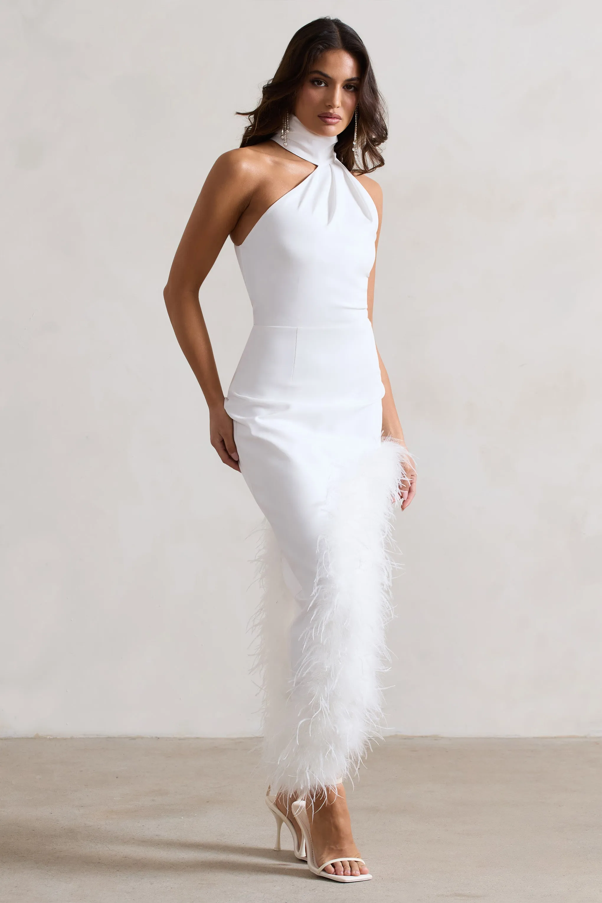 Brilliance | White Asymmetric Maxi Dress With Feather Trim Club L London