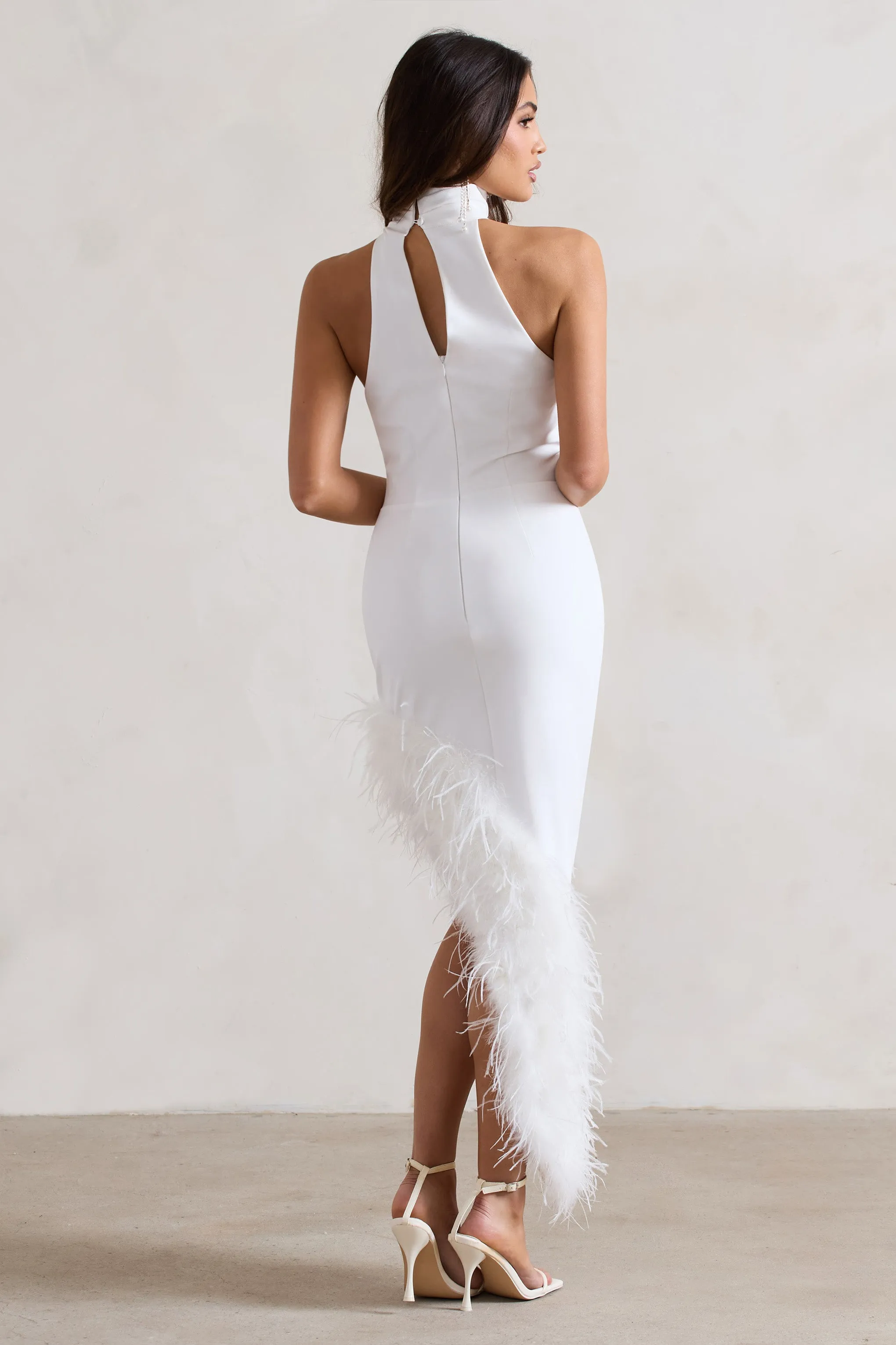 Brilliance | White Asymmetric Maxi Dress With Feather Trim Club L London