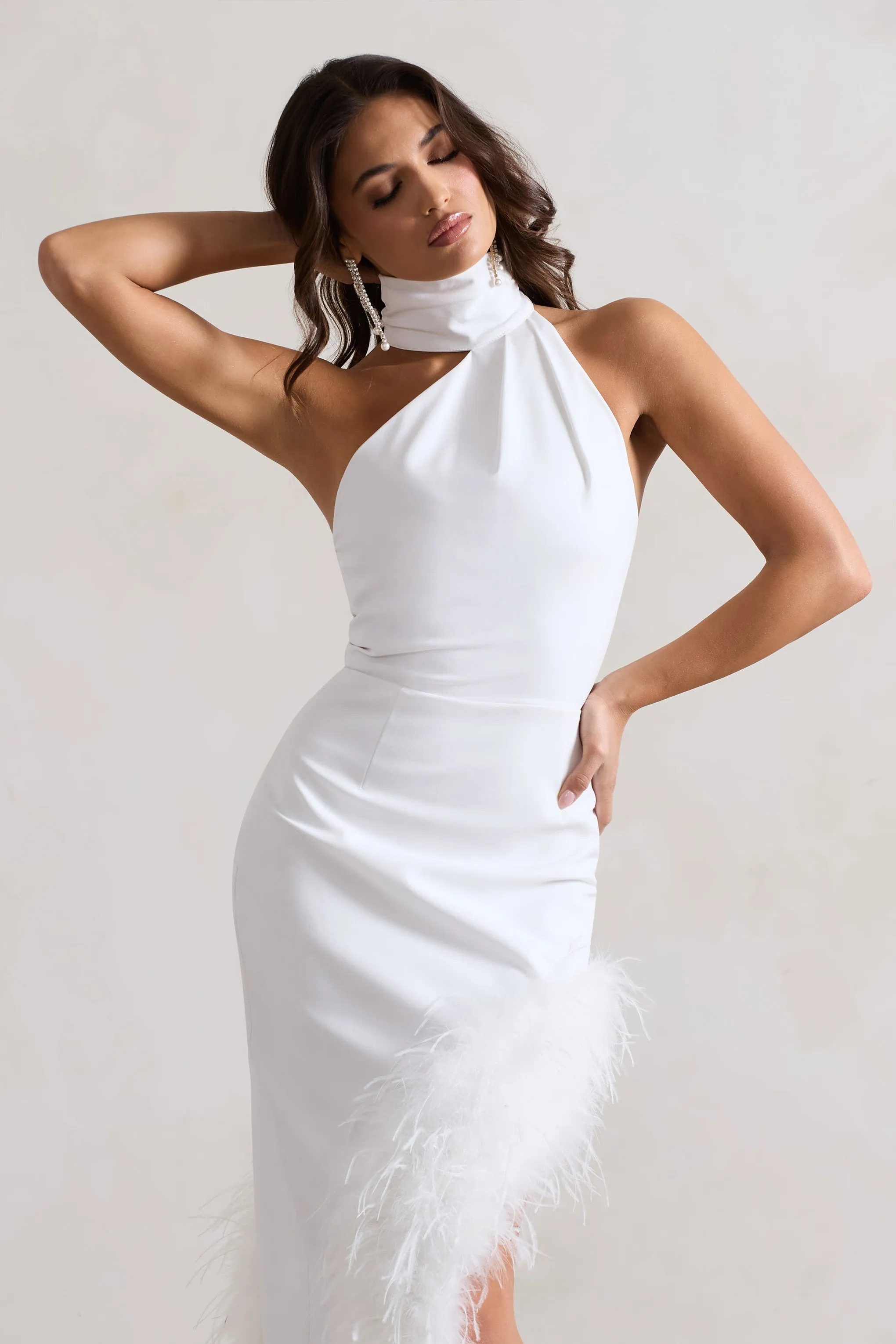 Brilliance | White Asymmetric Maxi Dress With Feather Trim Club L London