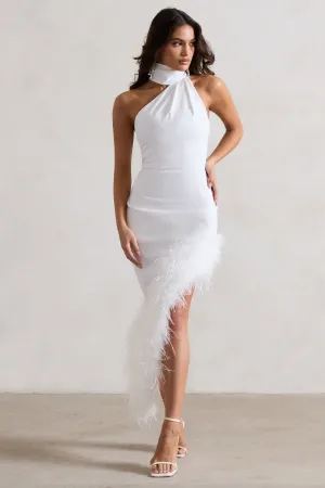Brilliance | White Asymmetric Maxi Dress With Feather Trim Club L London