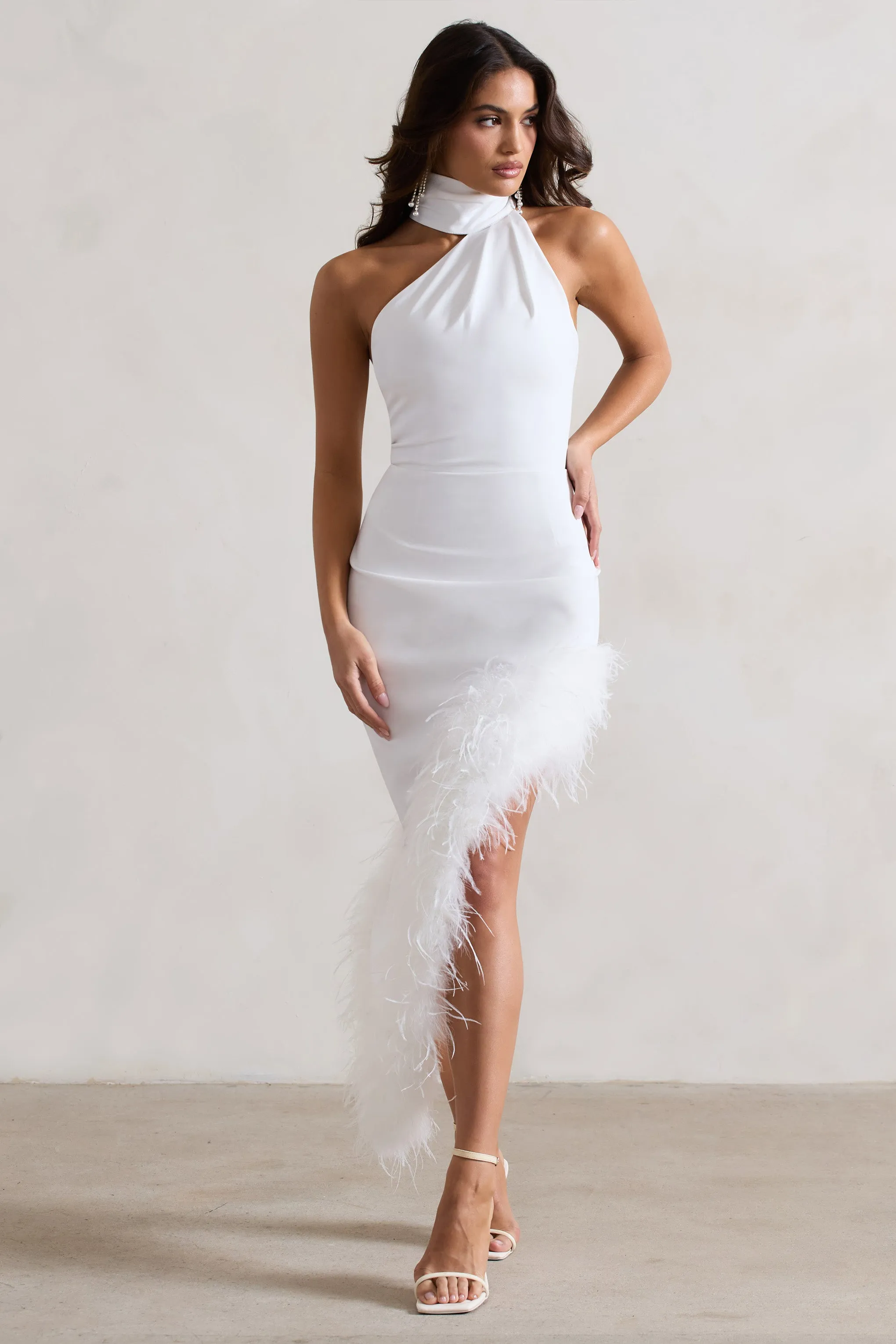 Brilliance | White Asymmetric Maxi Dress With Feather Trim Club L London