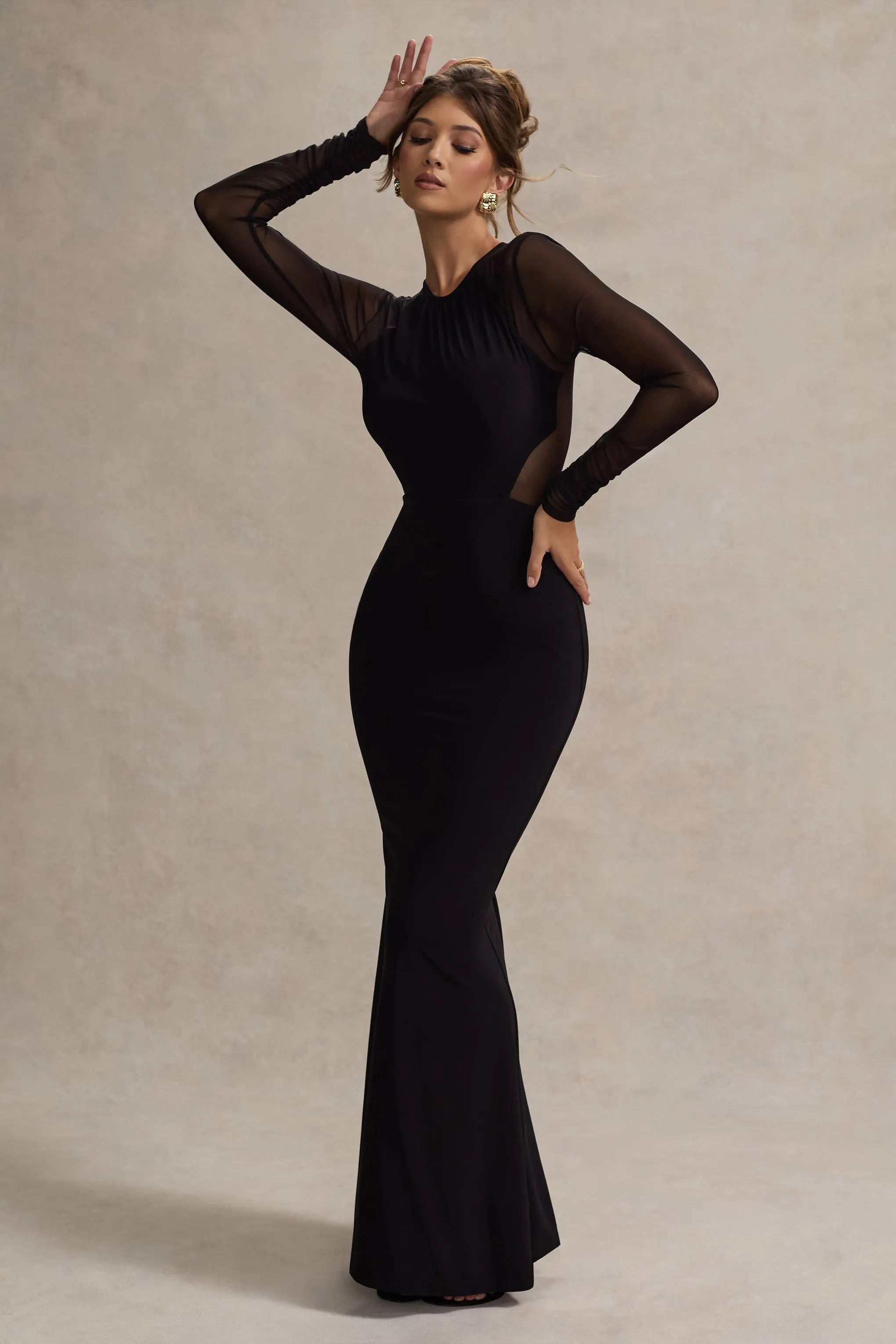 Brittany | Black Mesh Insert Maxi Dress Club L London