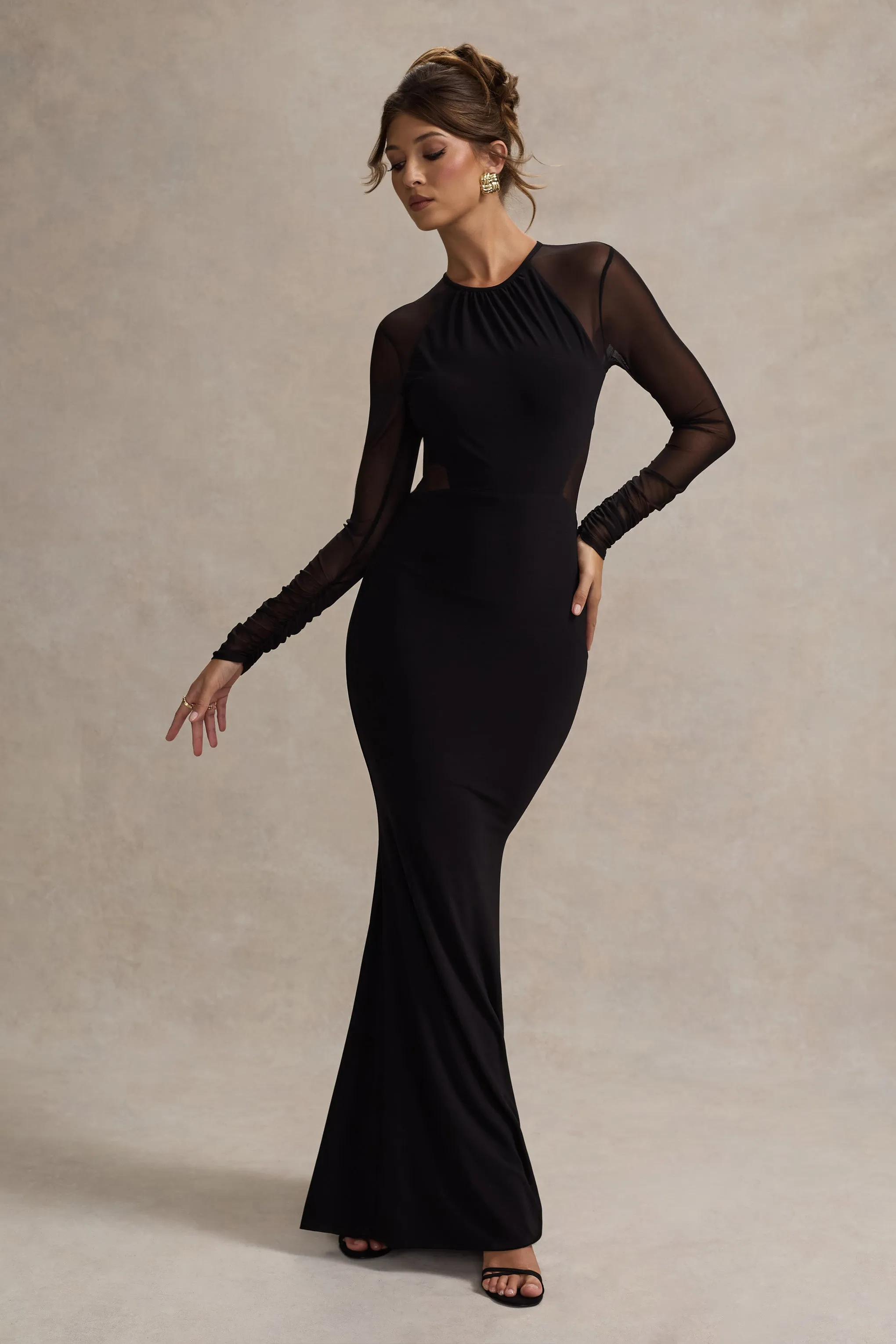 Brittany | Black Mesh Insert Maxi Dress Club L London