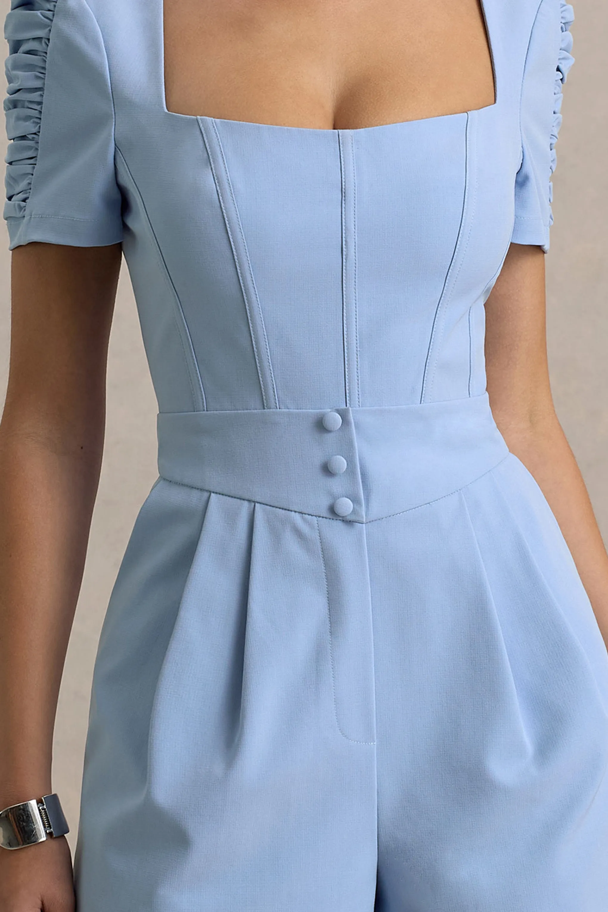 Brizzie | Light Blue Linen Short-Sleeve Playsuit Club L London