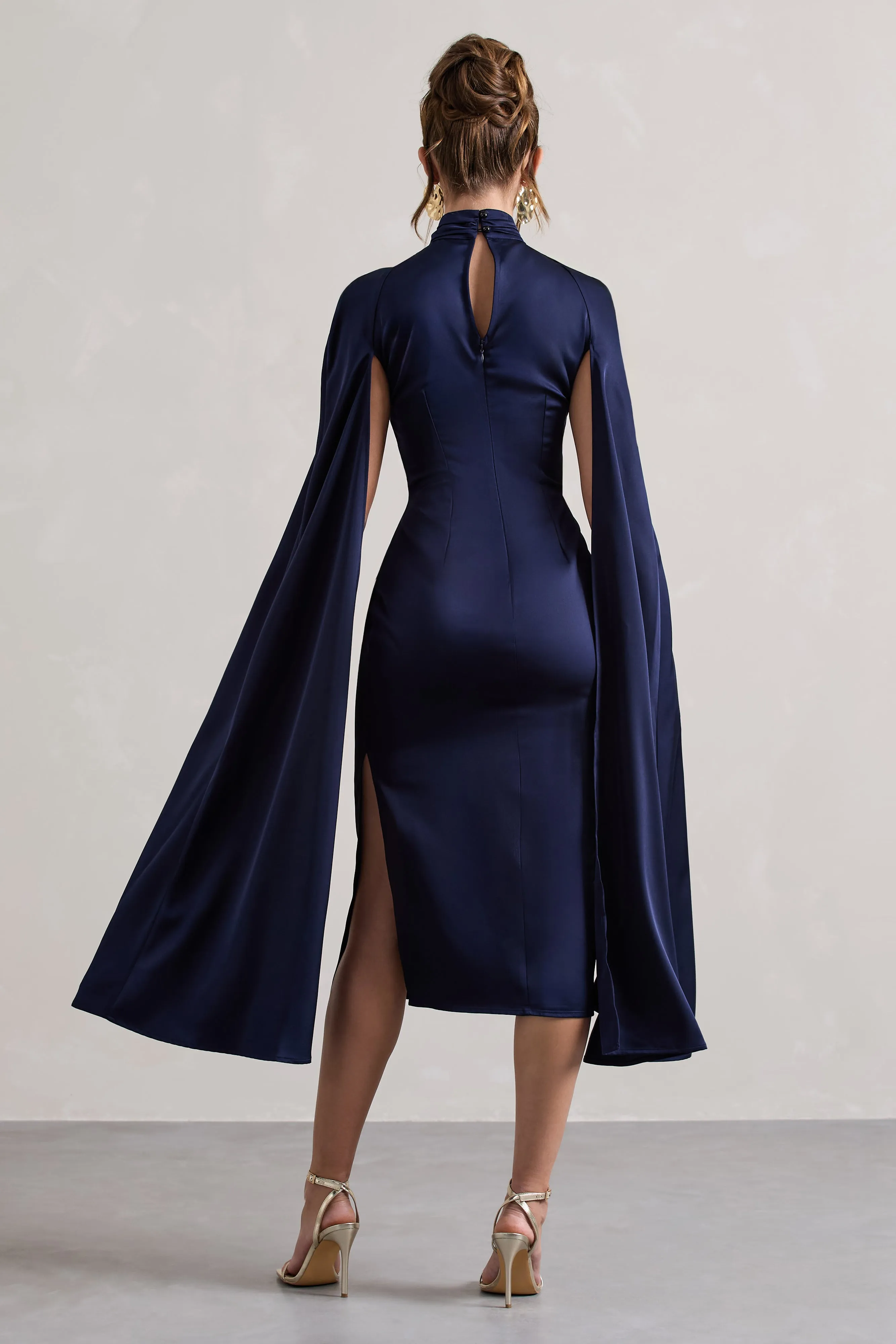 Brogan | Navy Satin High-Neck Midi Dress With Cape Sleeves Club L London