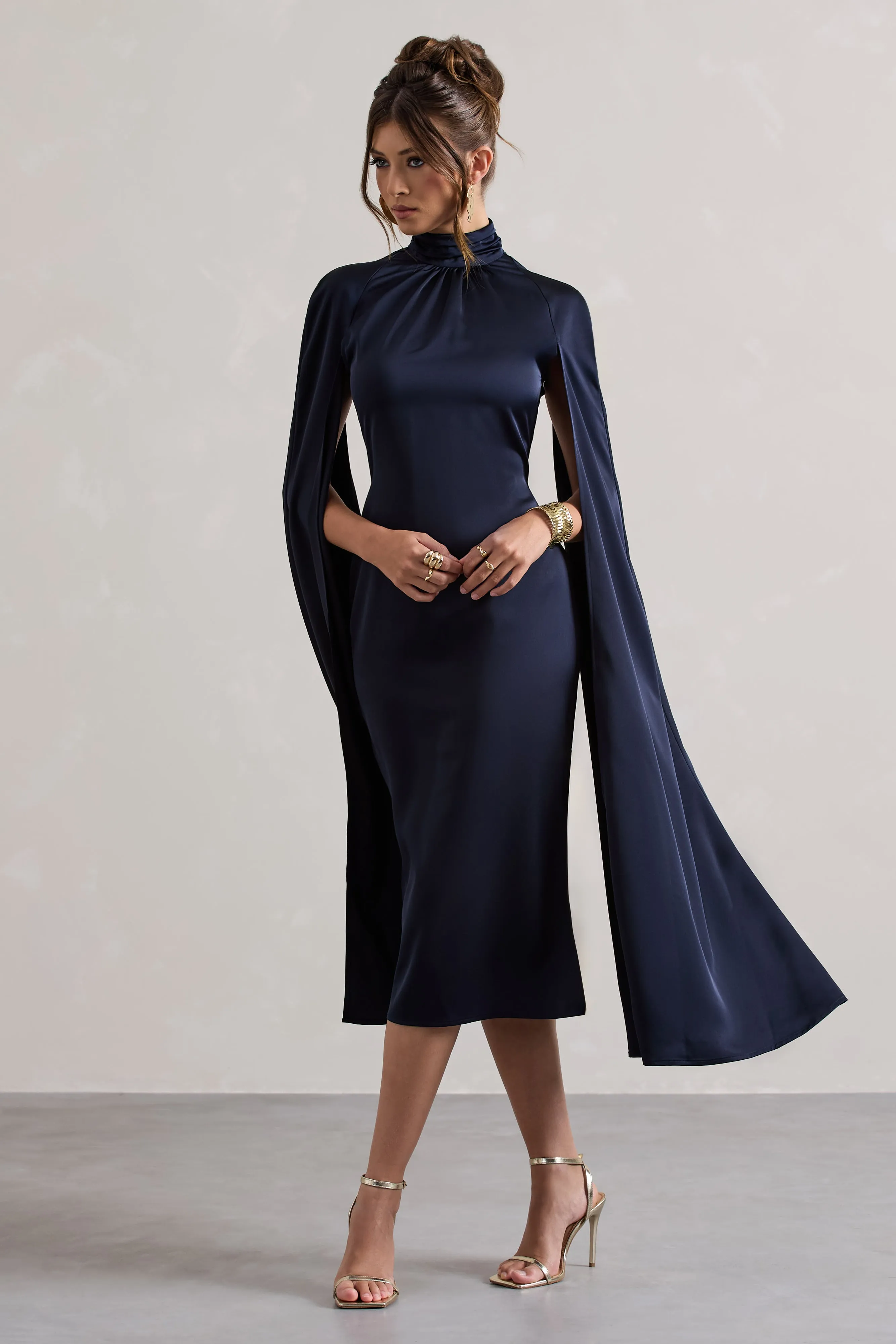 Brogan | Navy Satin High-Neck Midi Dress With Cape Sleeves Club L London