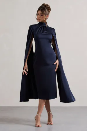 Brogan | Navy Satin High-Neck Midi Dress With Cape Sleeves Club L London