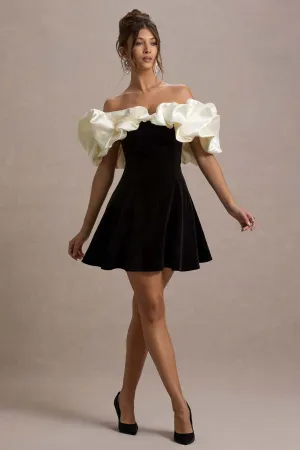 Brynne | Black & Cream Velvet Mini Dress With Satin Puff Sleeves Club L London