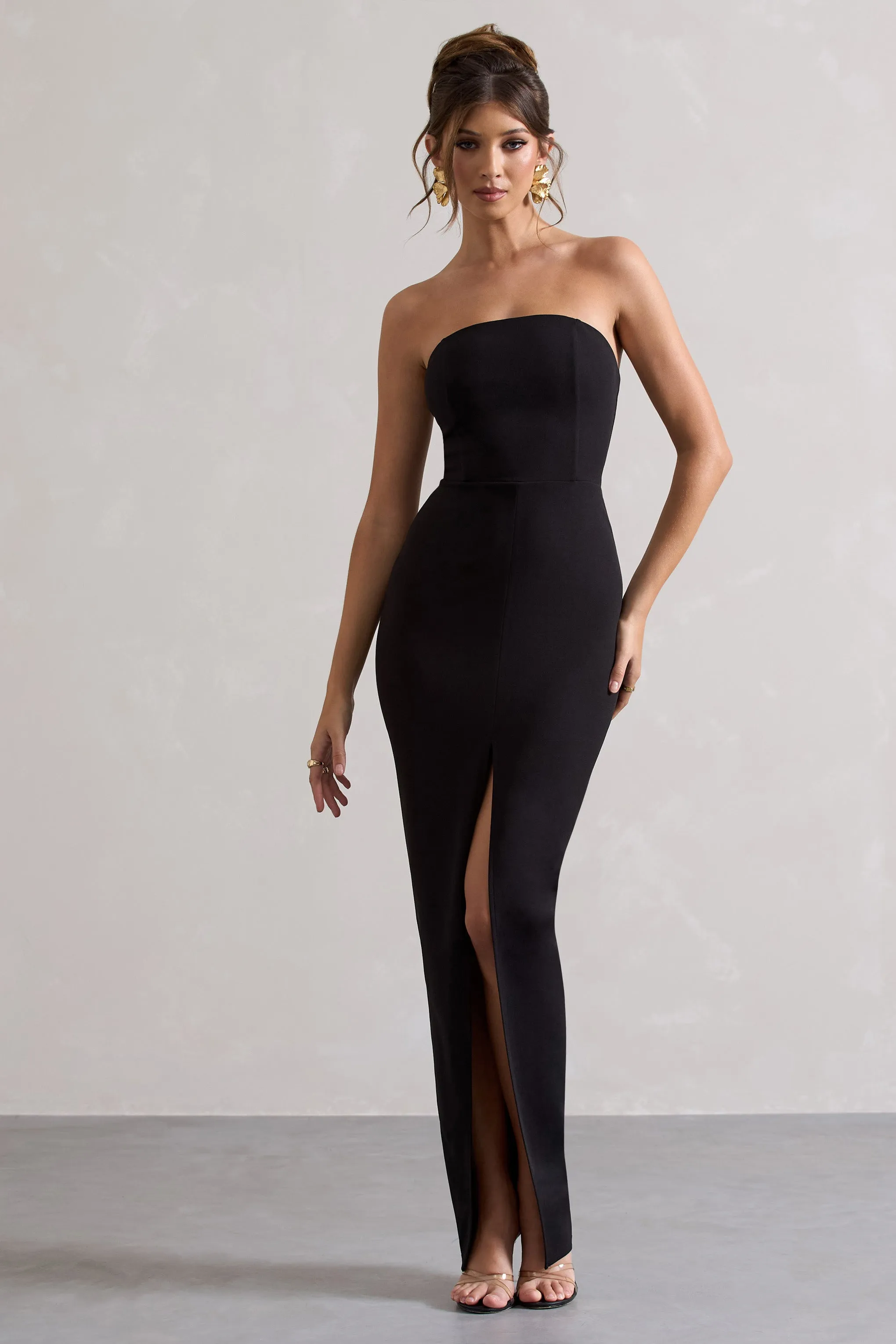 Cailin | Black Strapless Split Maxi Dress Club L London