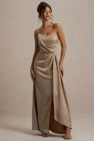 Cairo | Champagne Satin Strapless Draped Maxi Dress Club L London