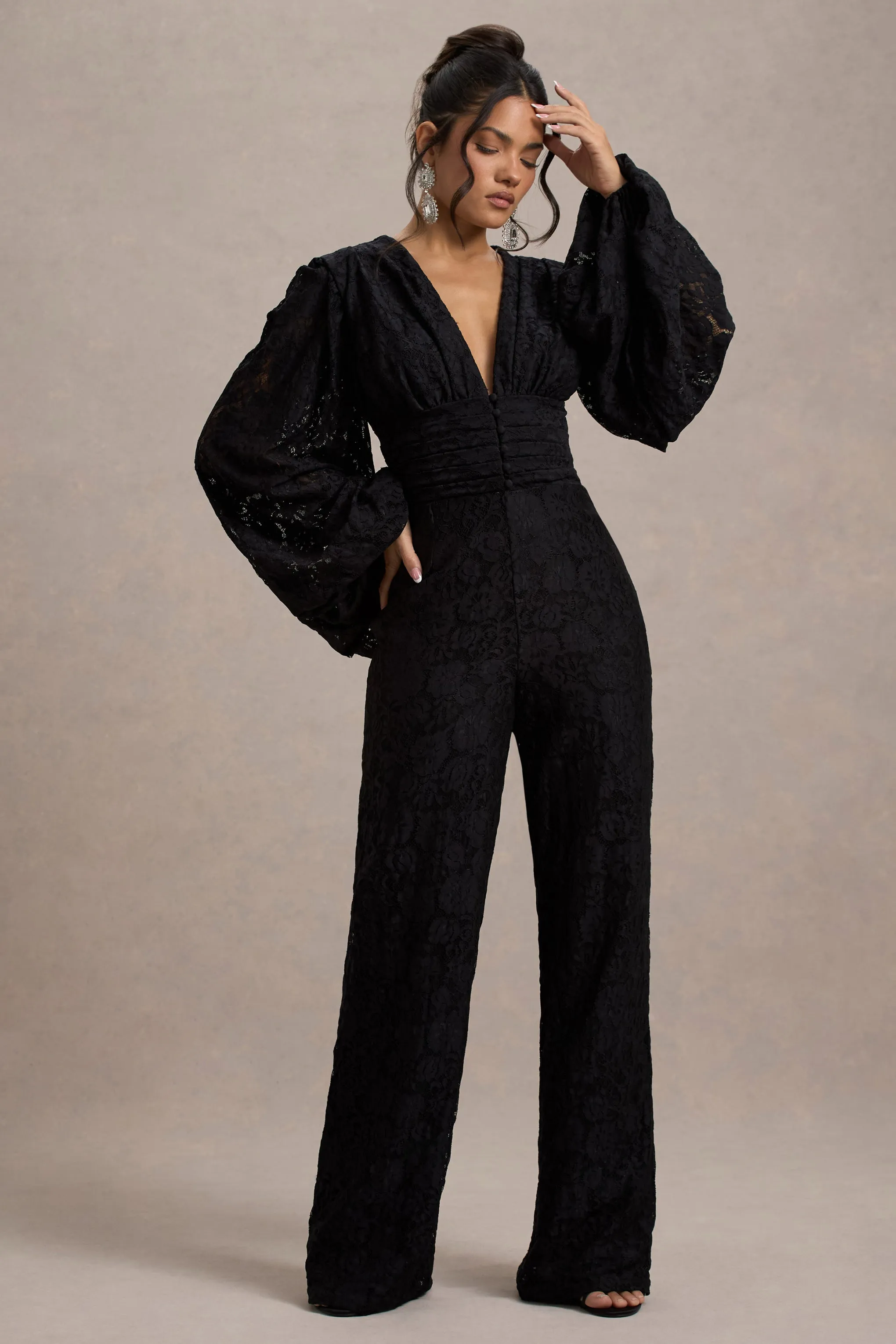 Calamina | Black Lace Plunge-Neck Wide-Leg Jumpsuit Club L London