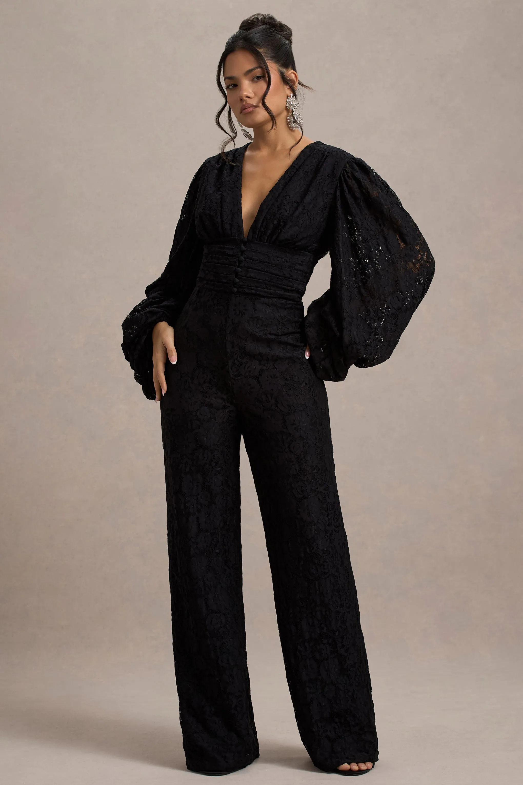 Calamina | Black Lace Plunge-Neck Wide-Leg Jumpsuit Club L London