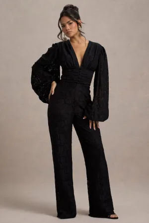Calamina | Black Lace Plunge-Neck Wide-Leg Jumpsuit Club L London