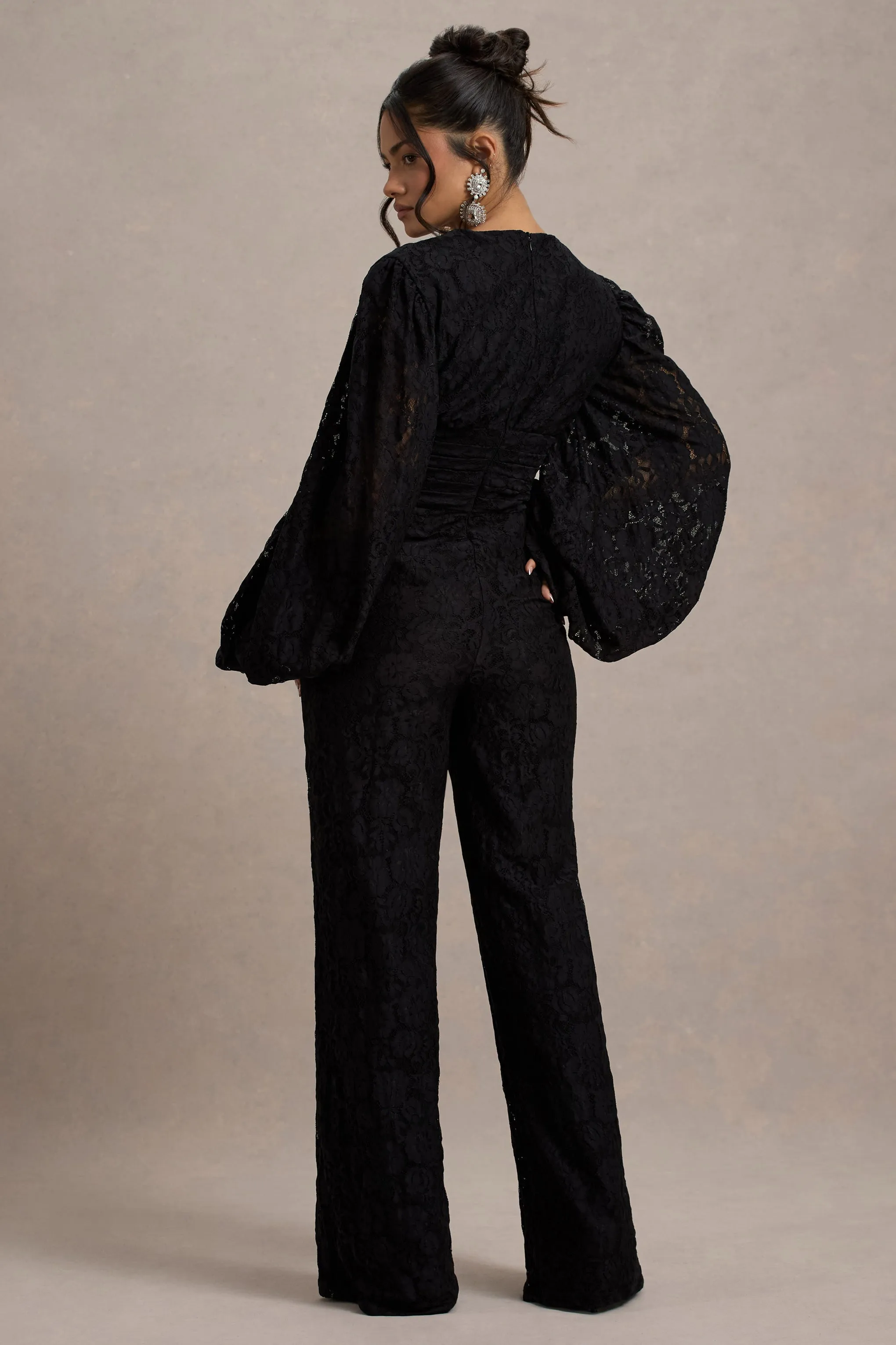 Calamina | Black Lace Plunge-Neck Wide-Leg Jumpsuit Club L London