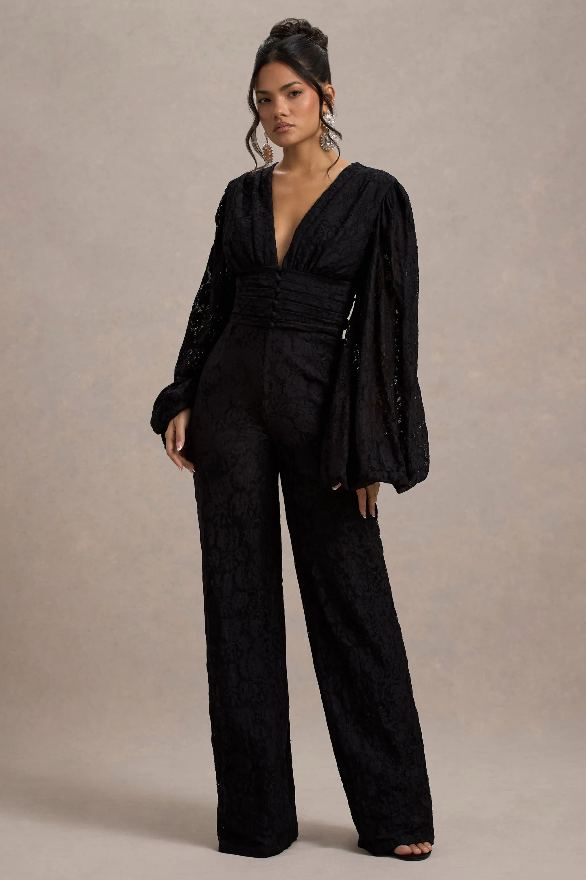 Calamina | Black Lace Plunge-Neck Wide-Leg Jumpsuit Club L London