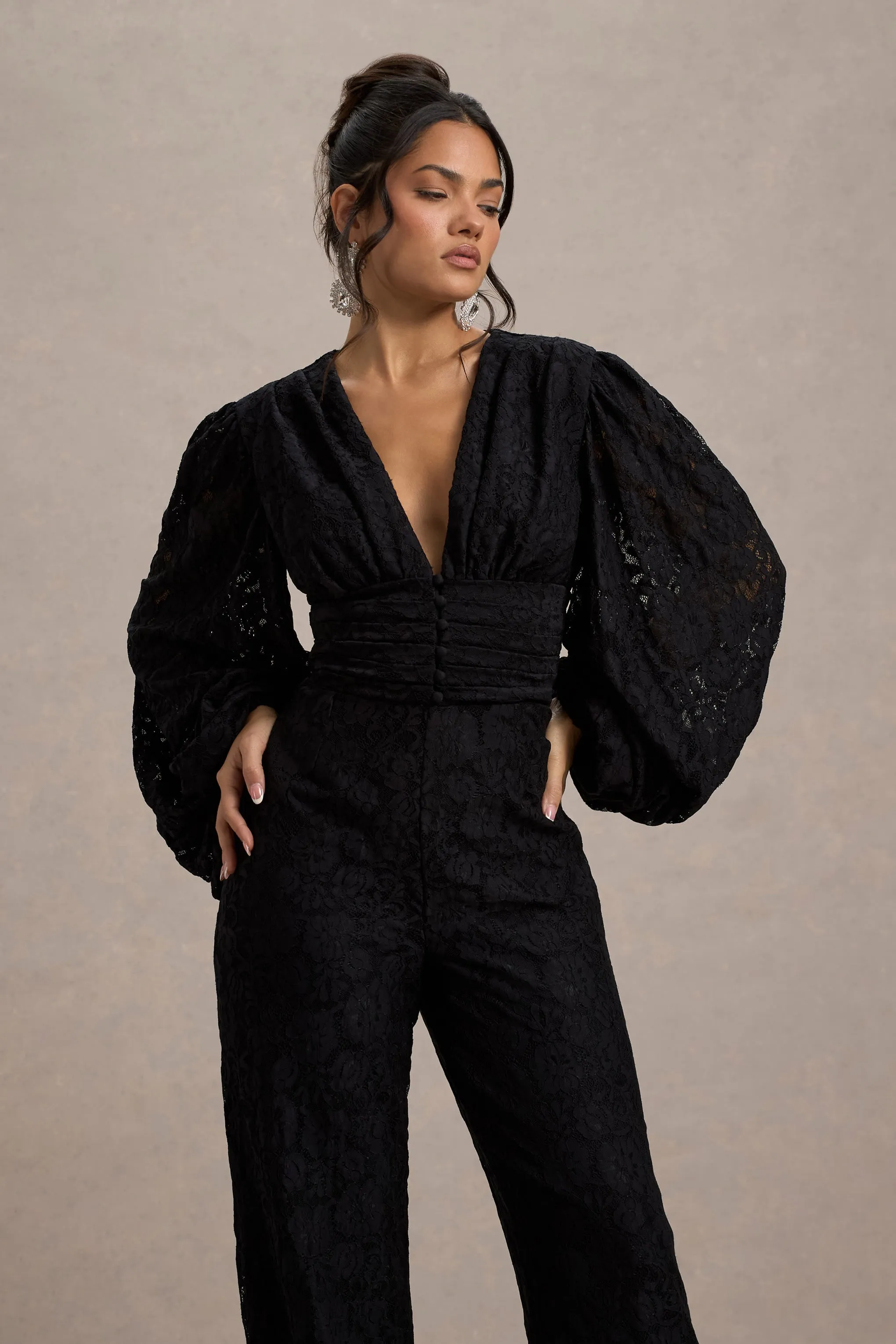Calamina | Black Lace Plunge-Neck Wide-Leg Jumpsuit Club L London