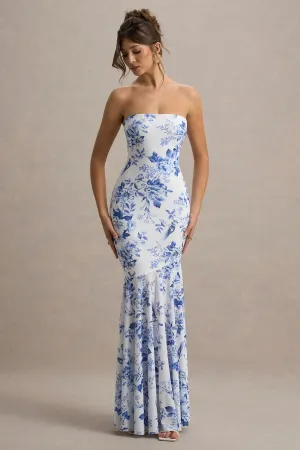 Callie | Blue Porcelain Print Bandeau Fishtail Maxi Dress Club L London