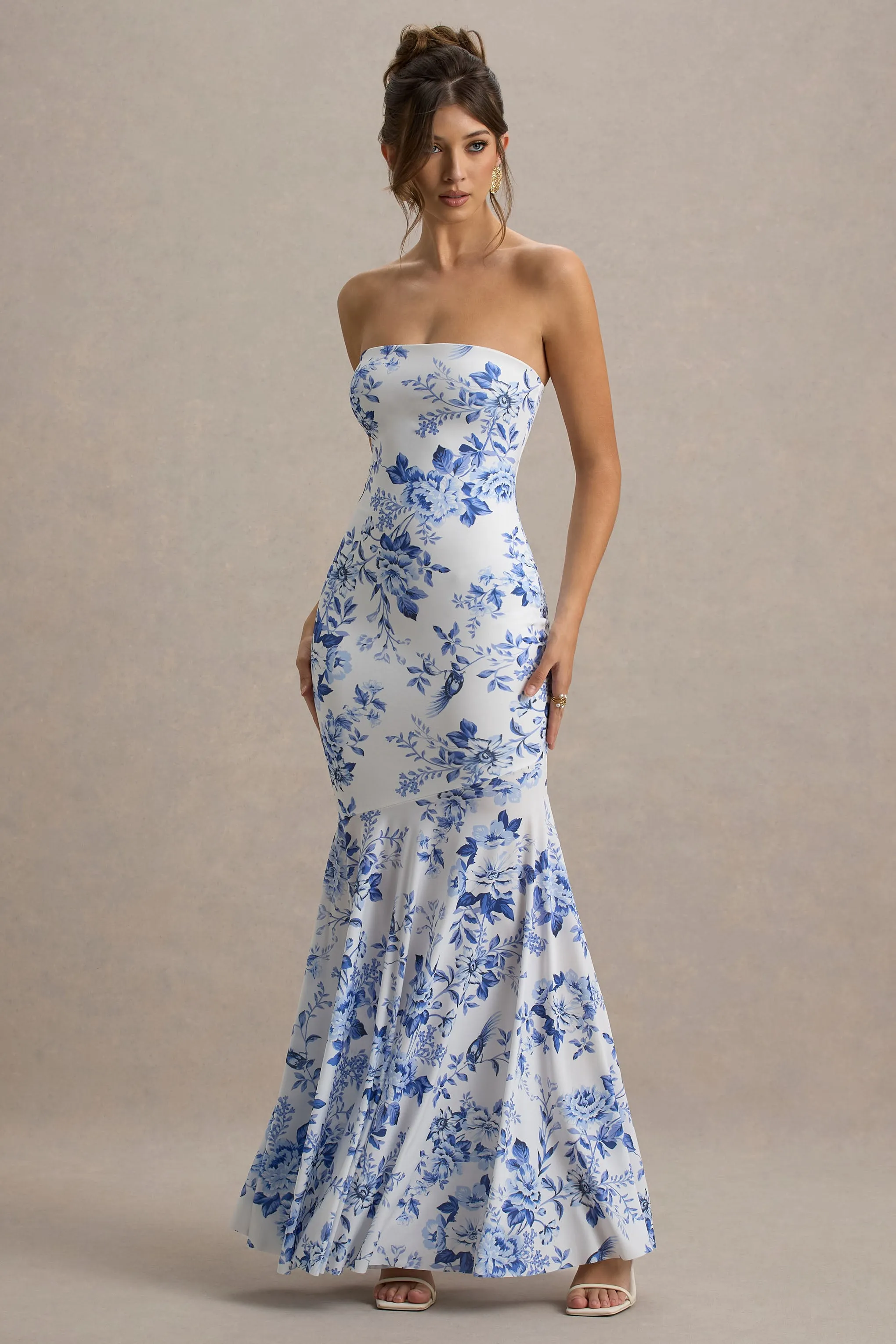 Callie | Blue Porcelain Print Bandeau Fishtail Maxi Dress Club L London