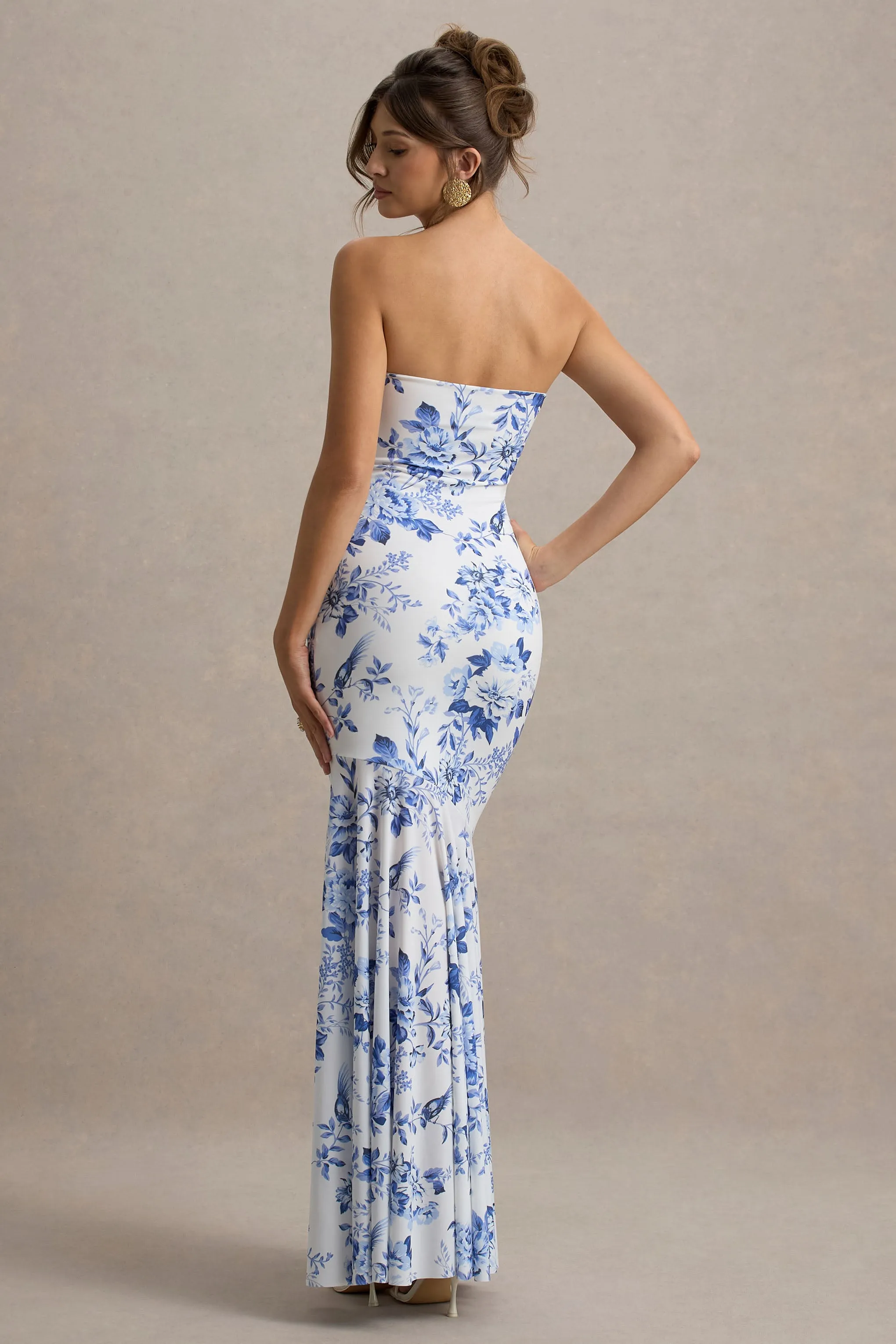Callie | Blue Porcelain Print Bandeau Fishtail Maxi Dress Club L London