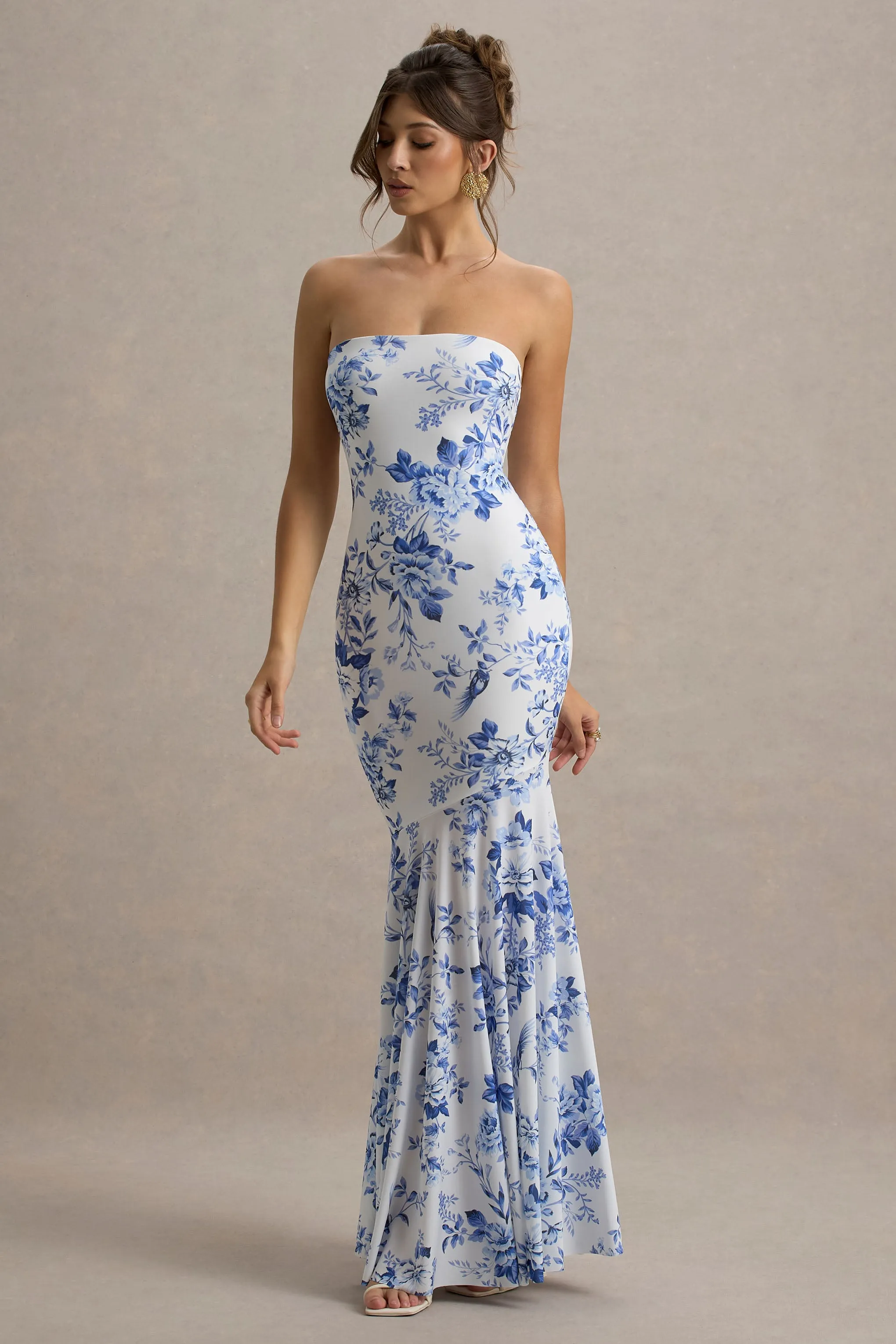 Callie | Blue Porcelain Print Bandeau Fishtail Maxi Dress Club L London