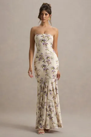Callie | Lemon Floral Print Bandeau Fishtail Maxi Dress Club L London