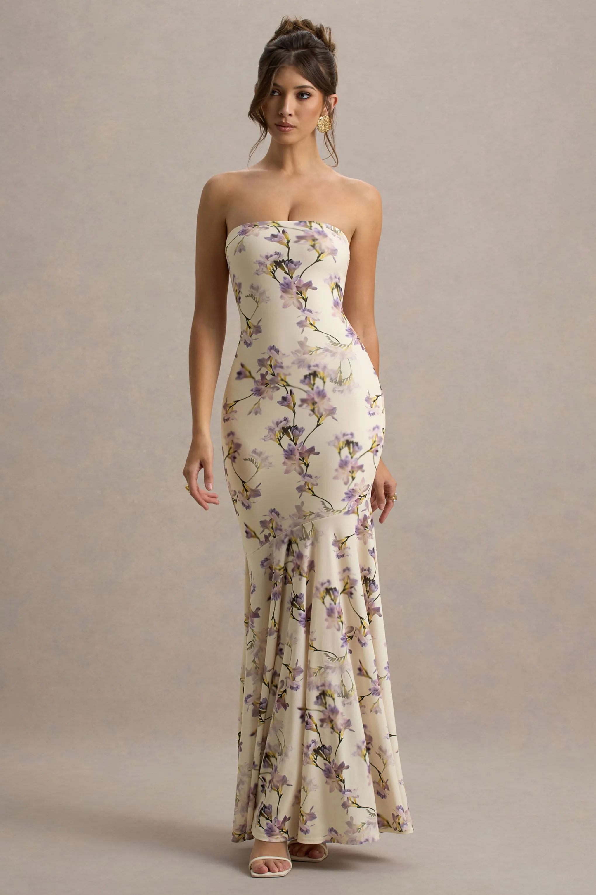 Callie | Lemon Floral Print Bandeau Fishtail Maxi Dress Club L London