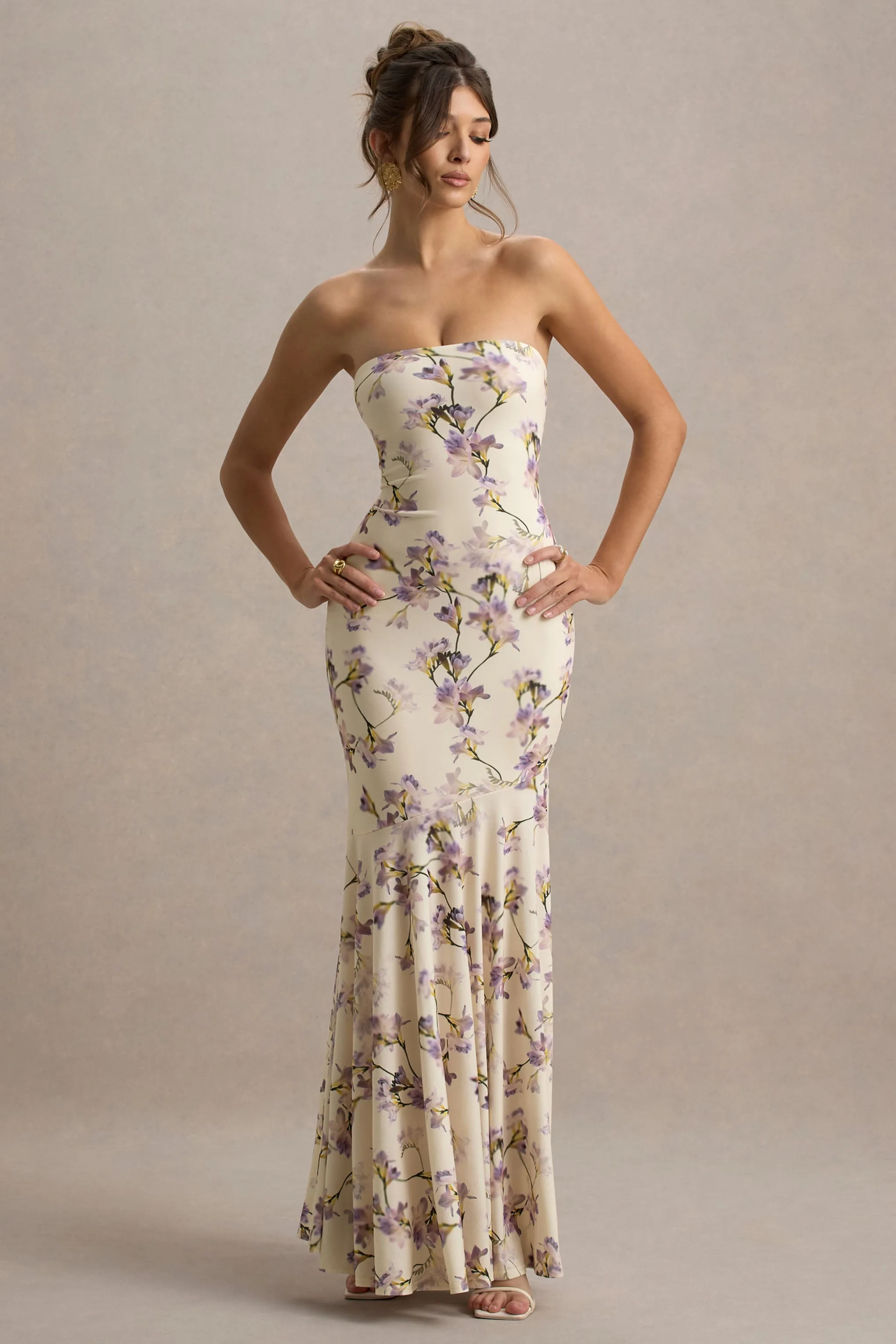 Callie | Lemon Floral Print Bandeau Fishtail Maxi Dress Club L London