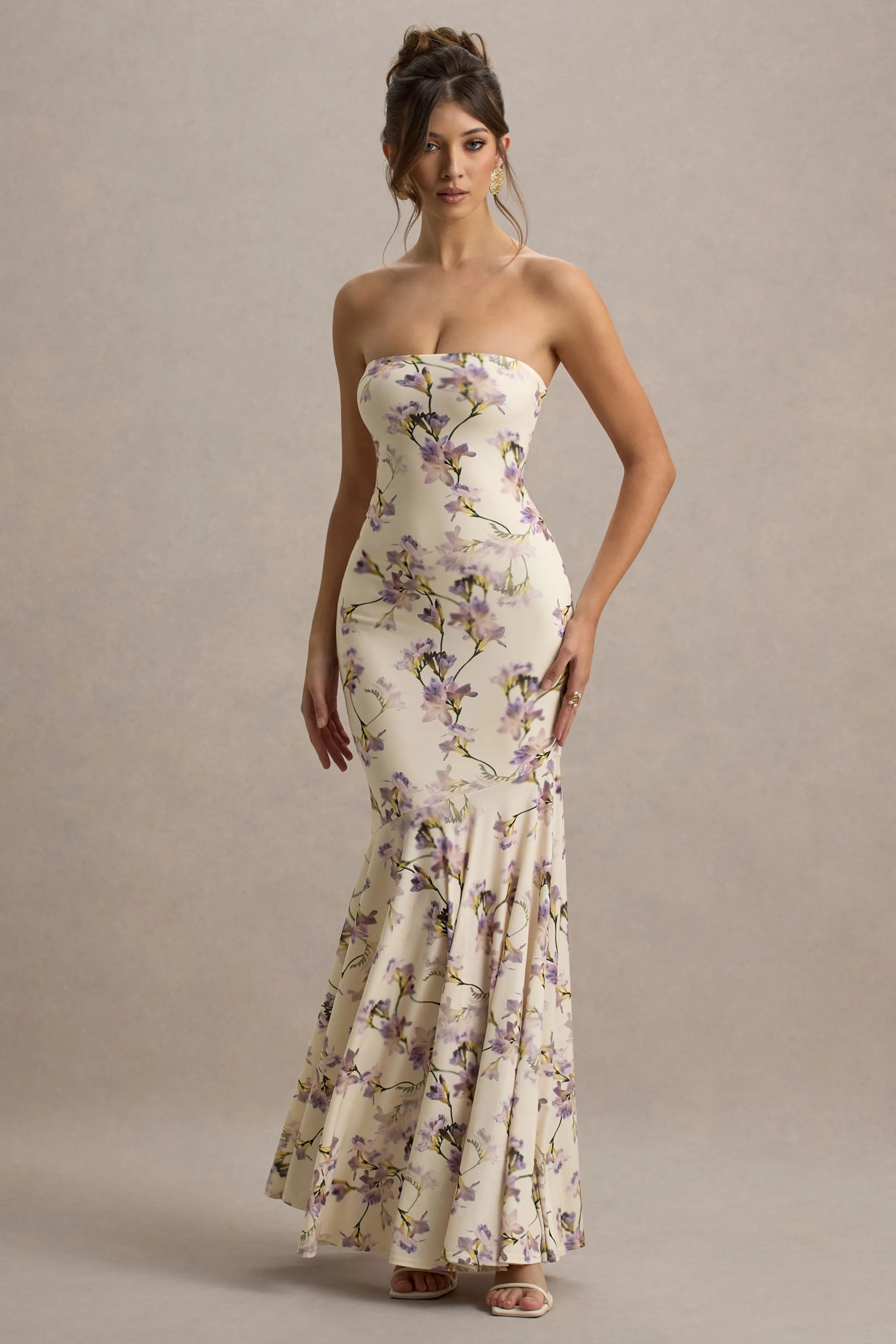 Callie | Lemon Floral Print Bandeau Fishtail Maxi Dress Club L London