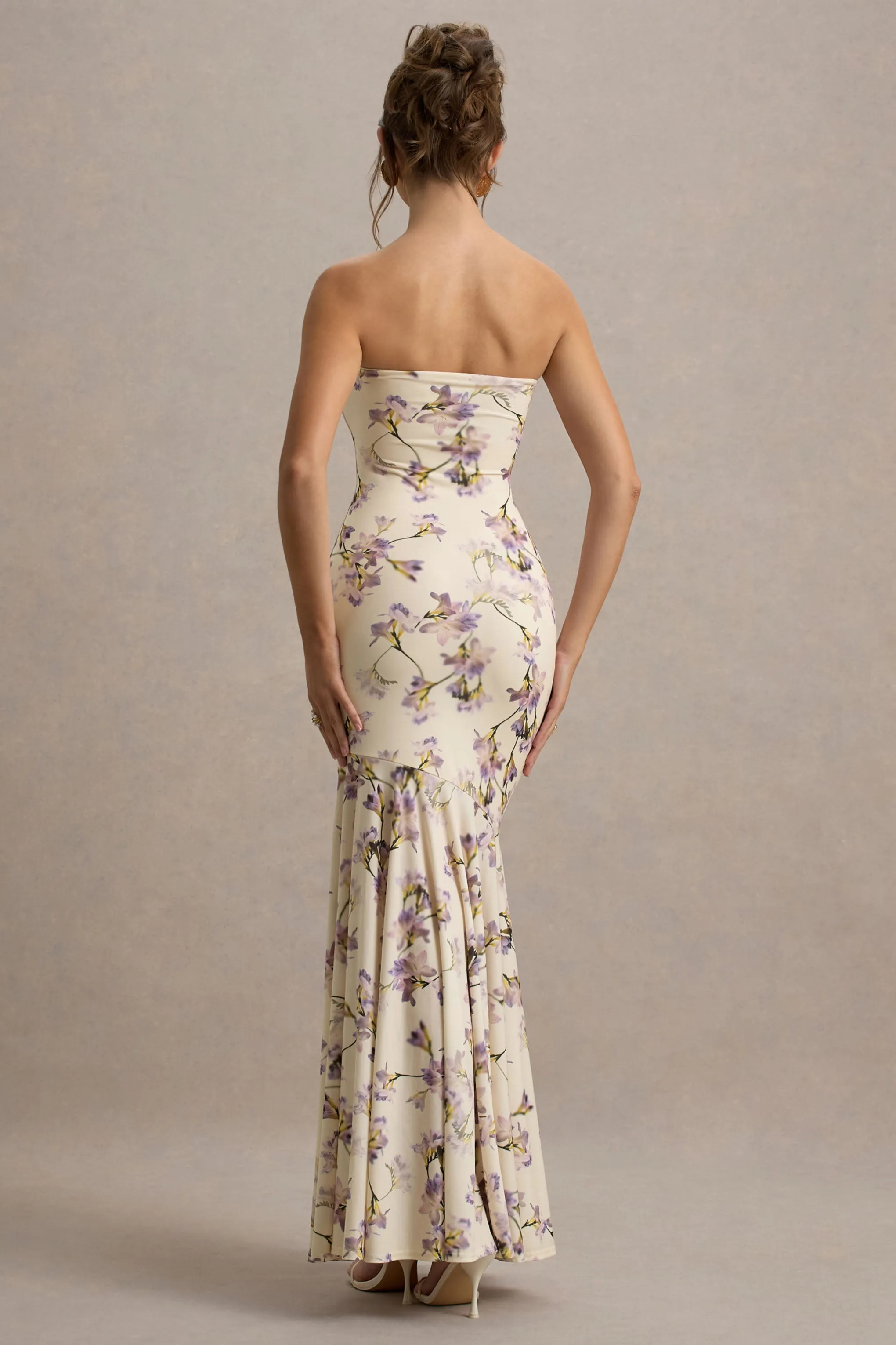 Callie | Lemon Floral Print Bandeau Fishtail Maxi Dress Club L London