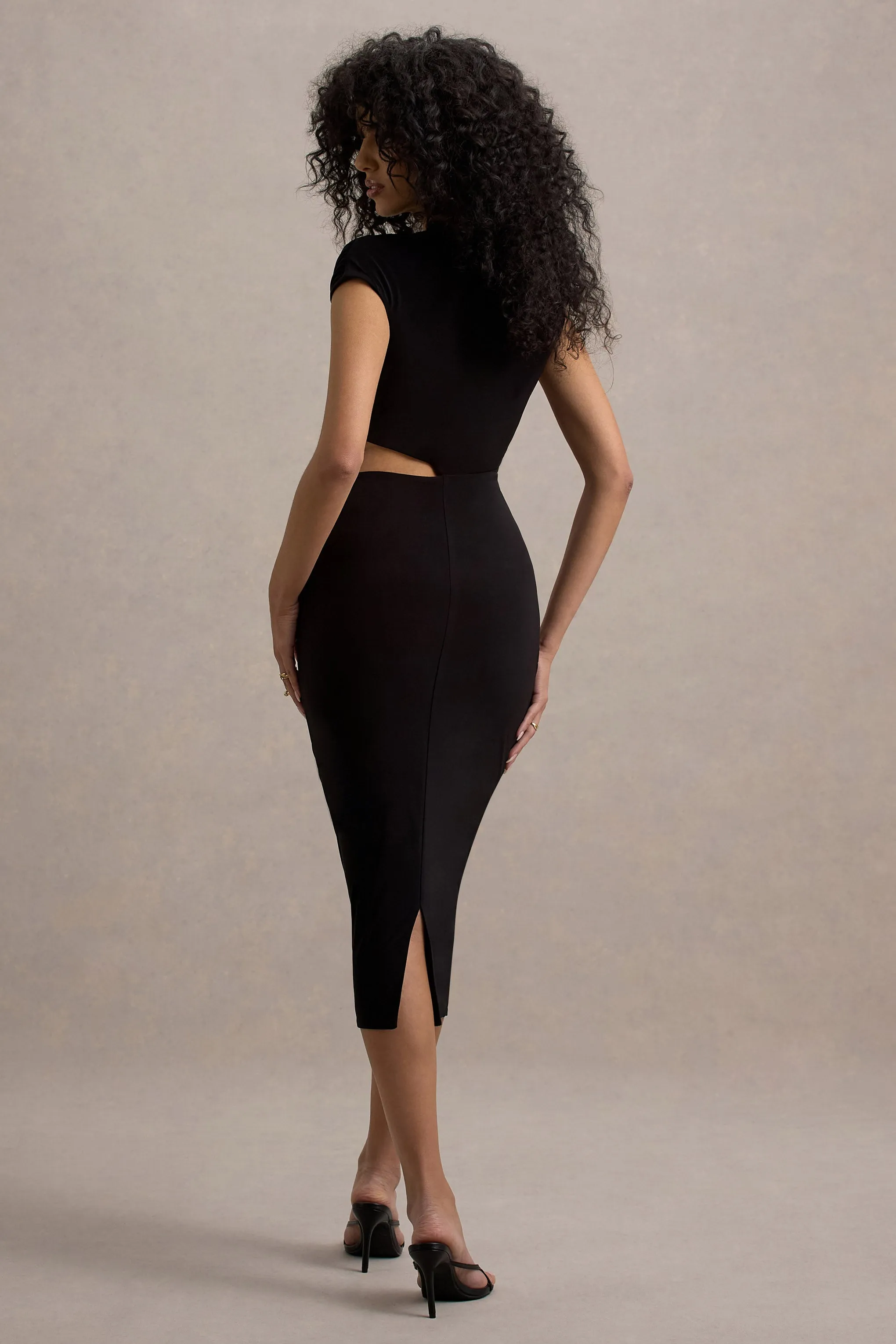 Calliope | Black Cut-Out Gathered Midi Dress Club L London