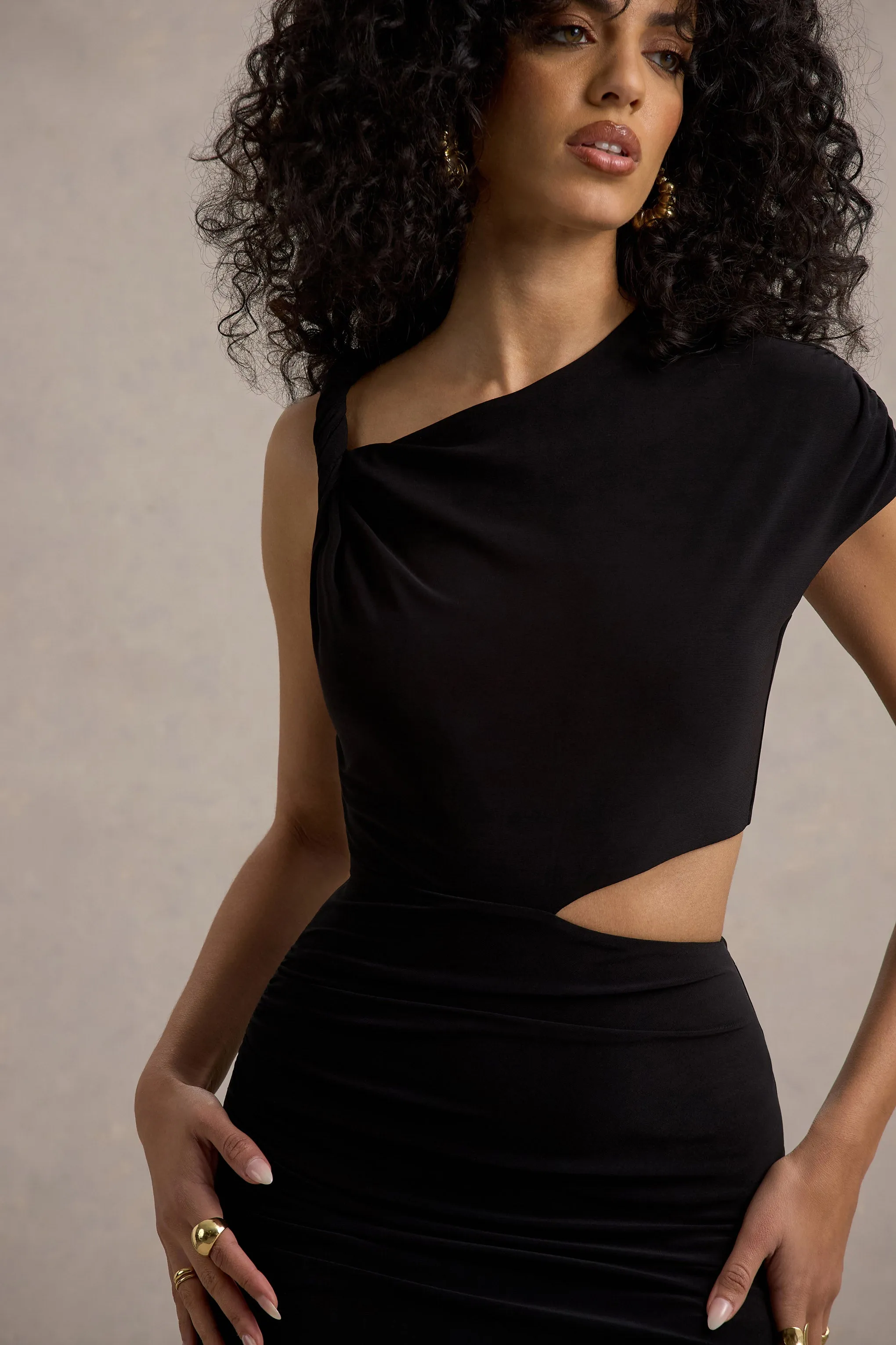 Calliope | Black Cut-Out Gathered Midi Dress Club L London