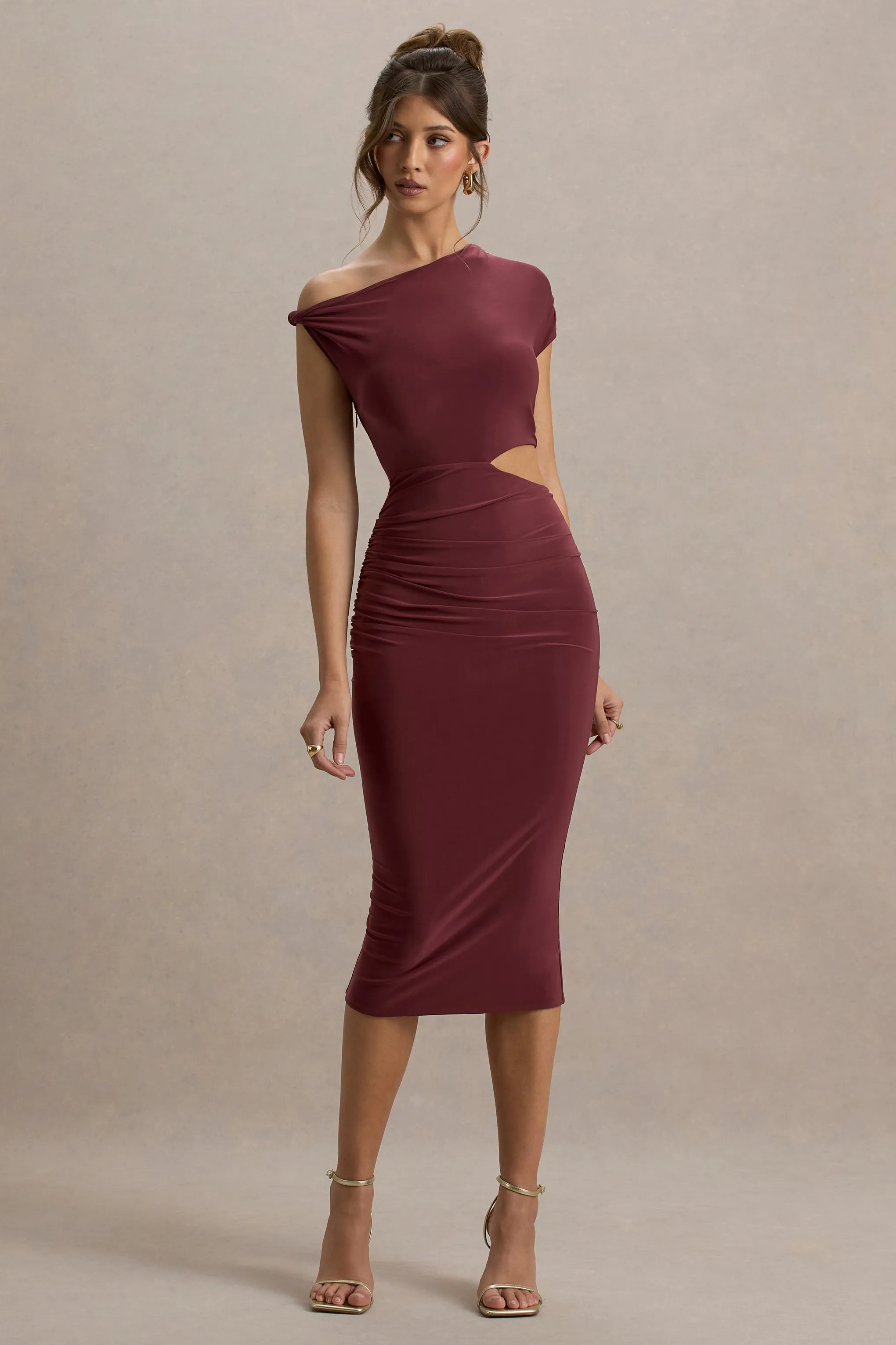 Calliope | Burgundy Cut-Out Gathered Midi Dress Club L London