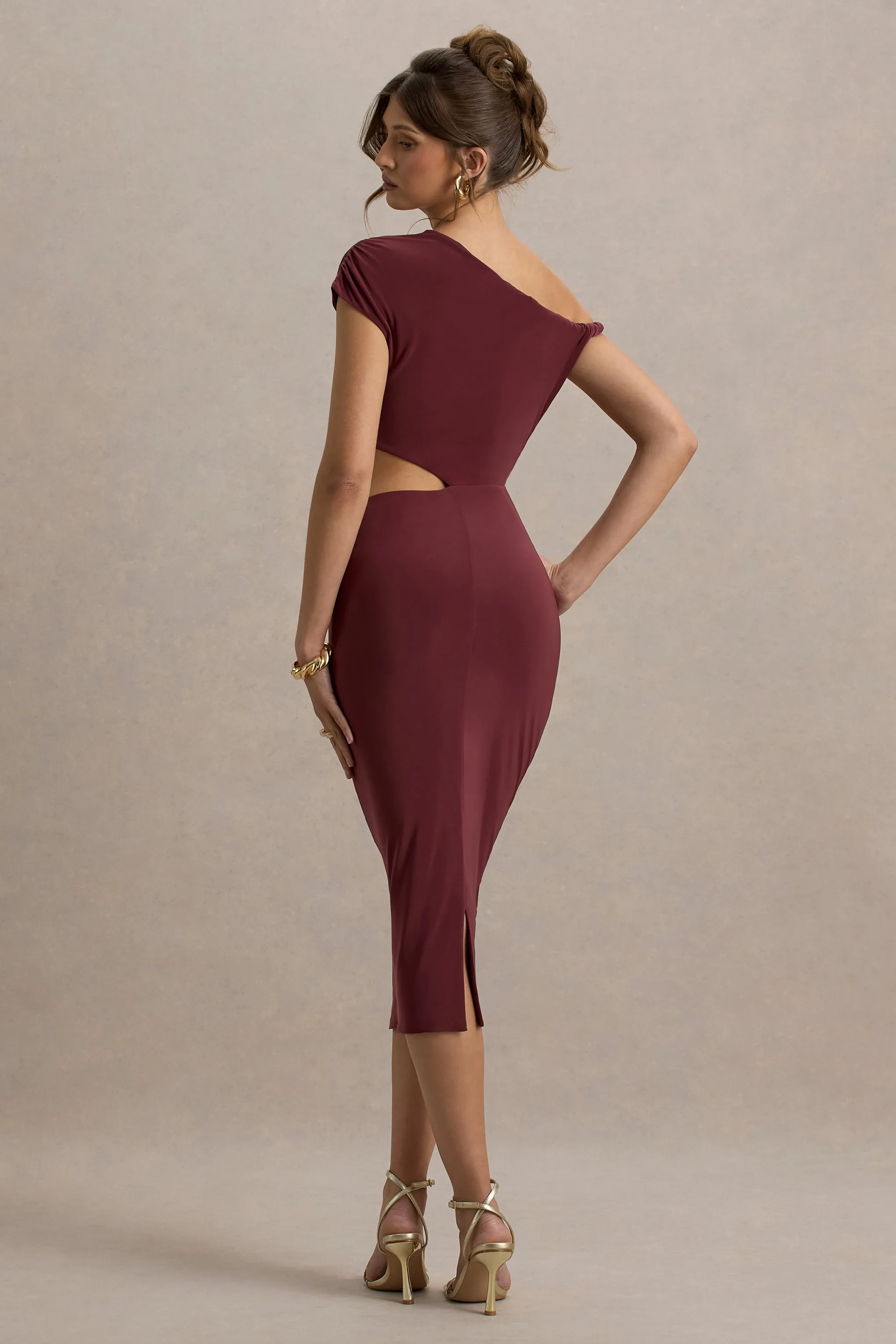 Calliope | Burgundy Cut-Out Gathered Midi Dress Club L London