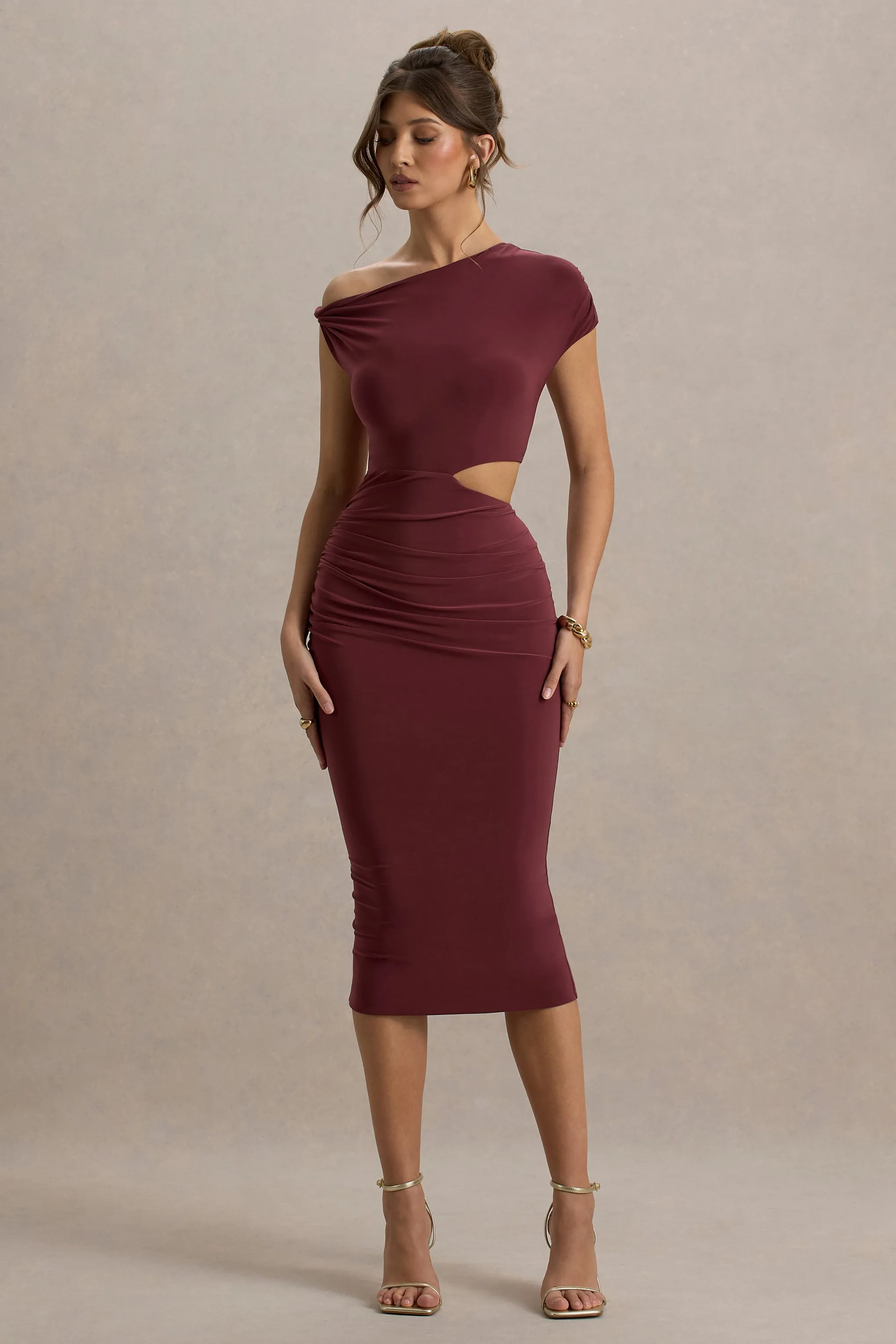 Calliope | Burgundy Cut-Out Gathered Midi Dress Club L London