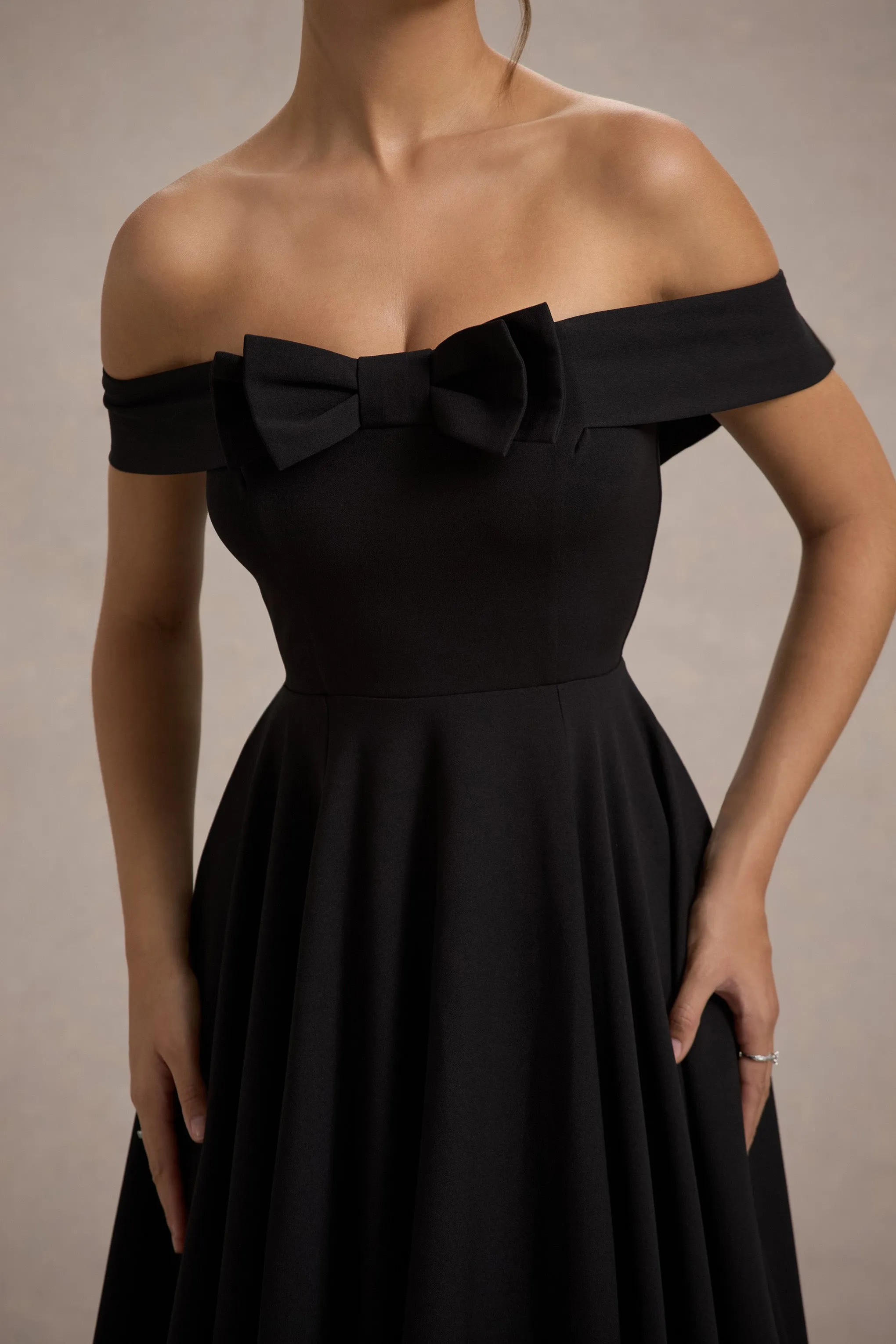 Calliopia | Black Bow Bardot Midi Dress With Puff-Ball Skirt Club L London