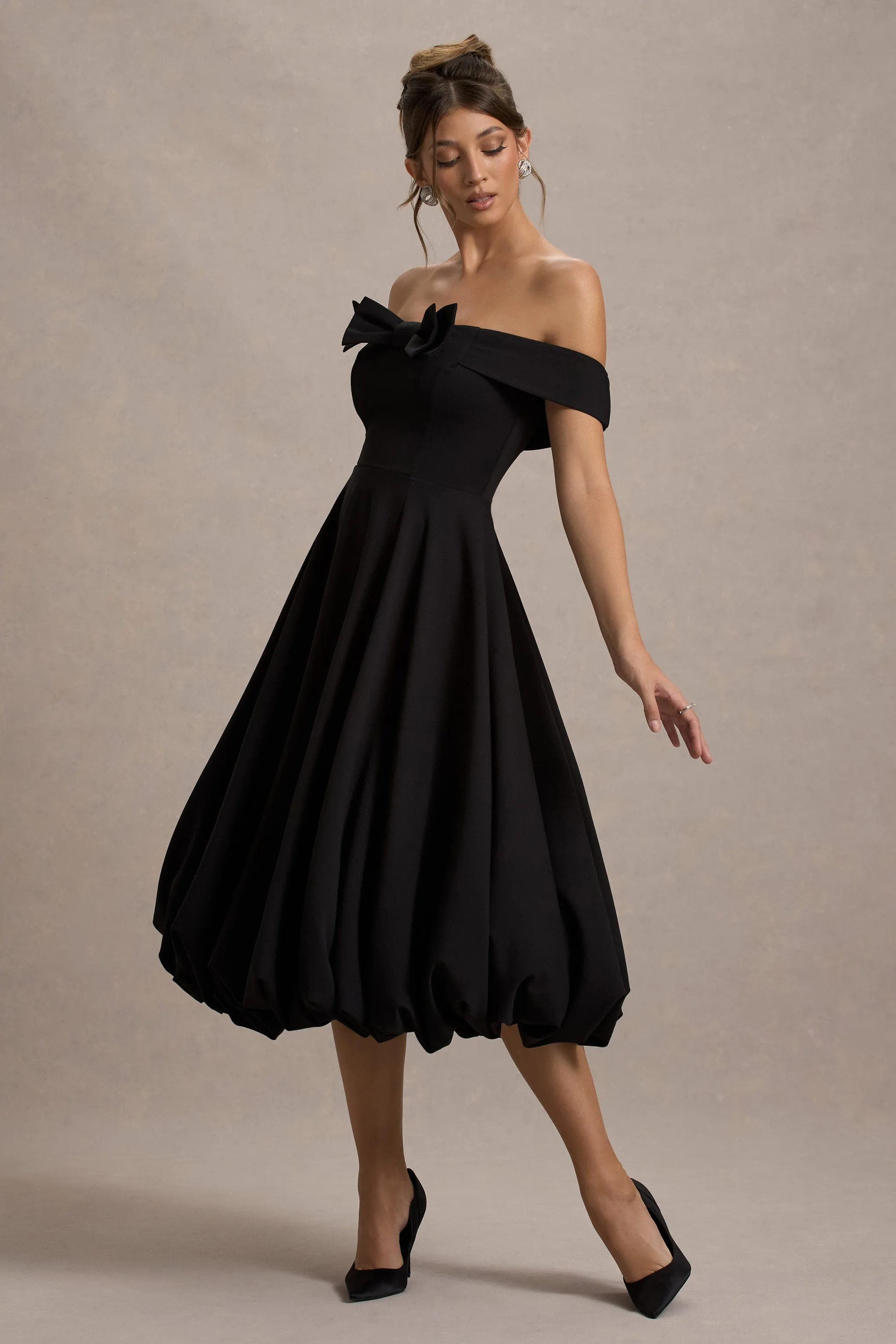 Calliopia | Black Bow Bardot Midi Dress With Puff-Ball Skirt Club L London