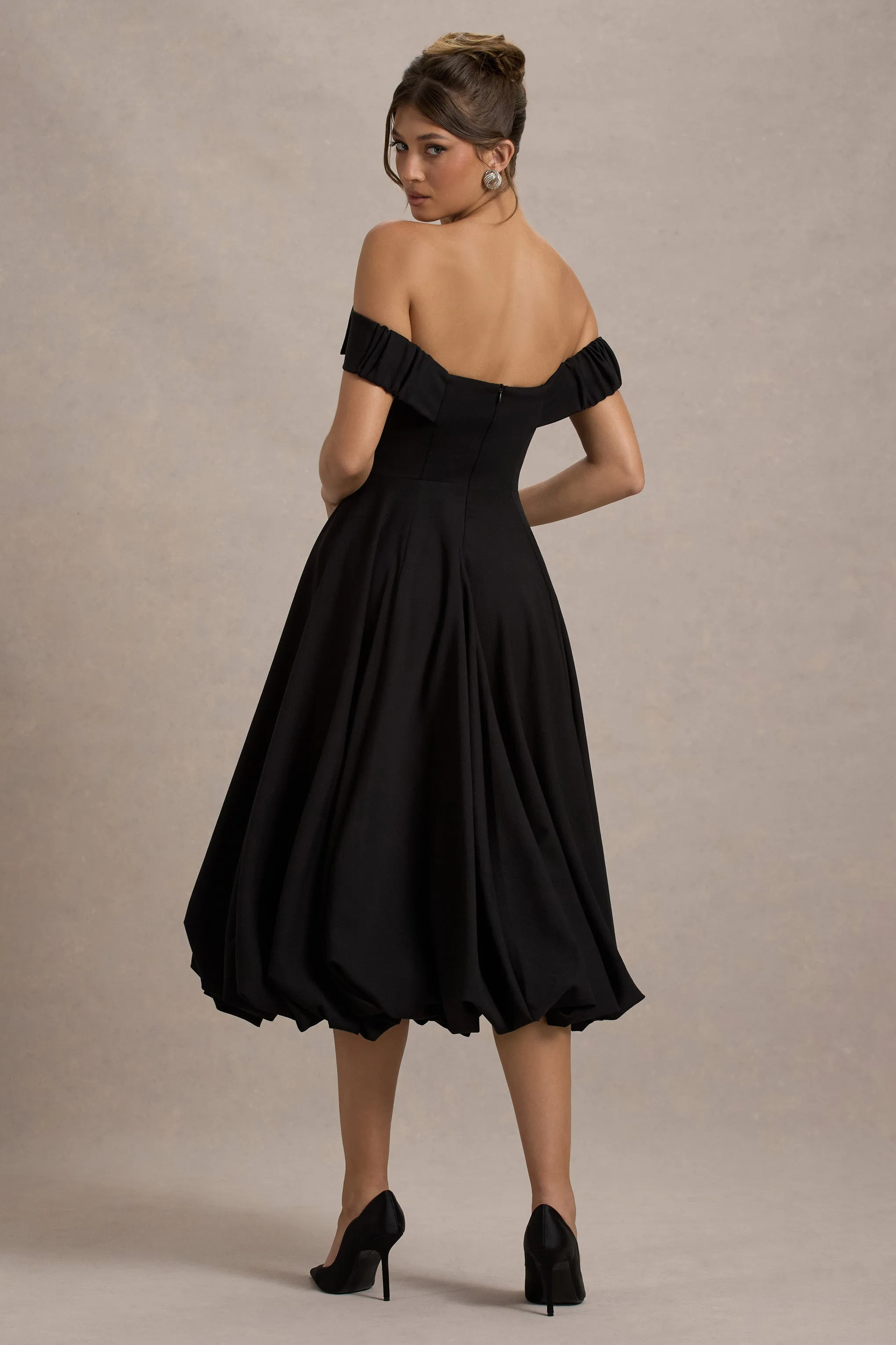 Calliopia | Black Bow Bardot Midi Dress With Puff-Ball Skirt Club L London