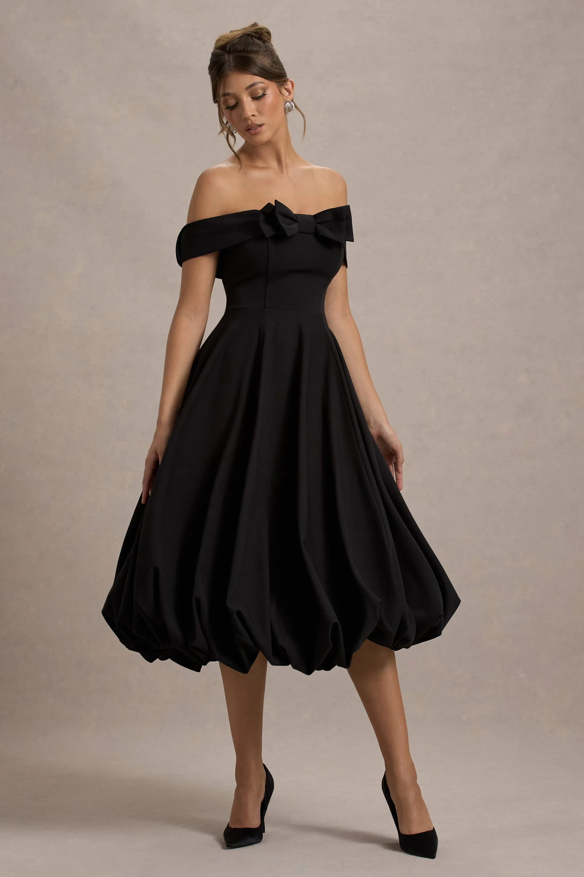Calliopia | Black Bow Bardot Midi Dress With Puff-Ball Skirt Club L London
