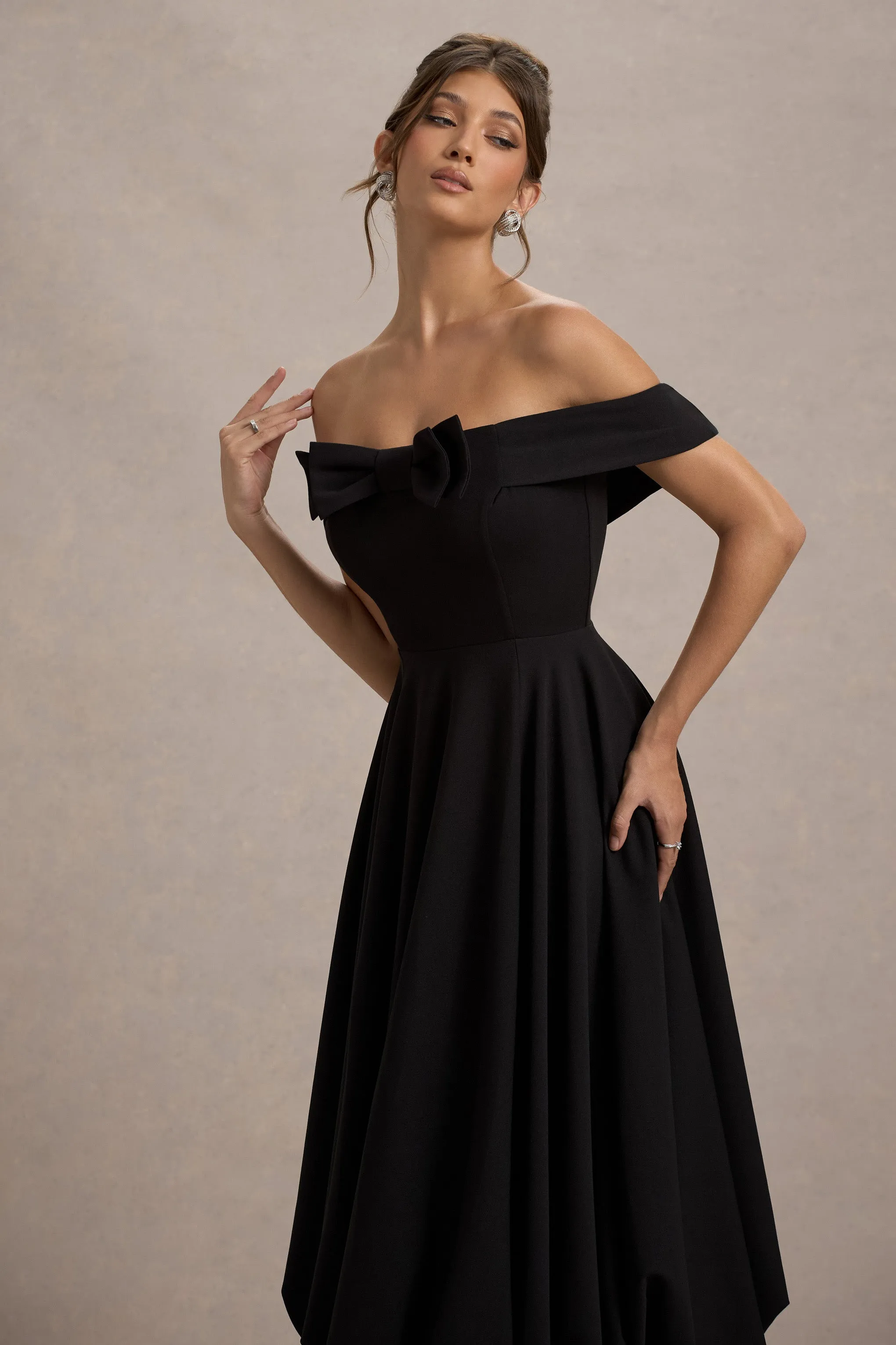 Calliopia | Black Bow Bardot Midi Dress With Puff-Ball Skirt Club L London