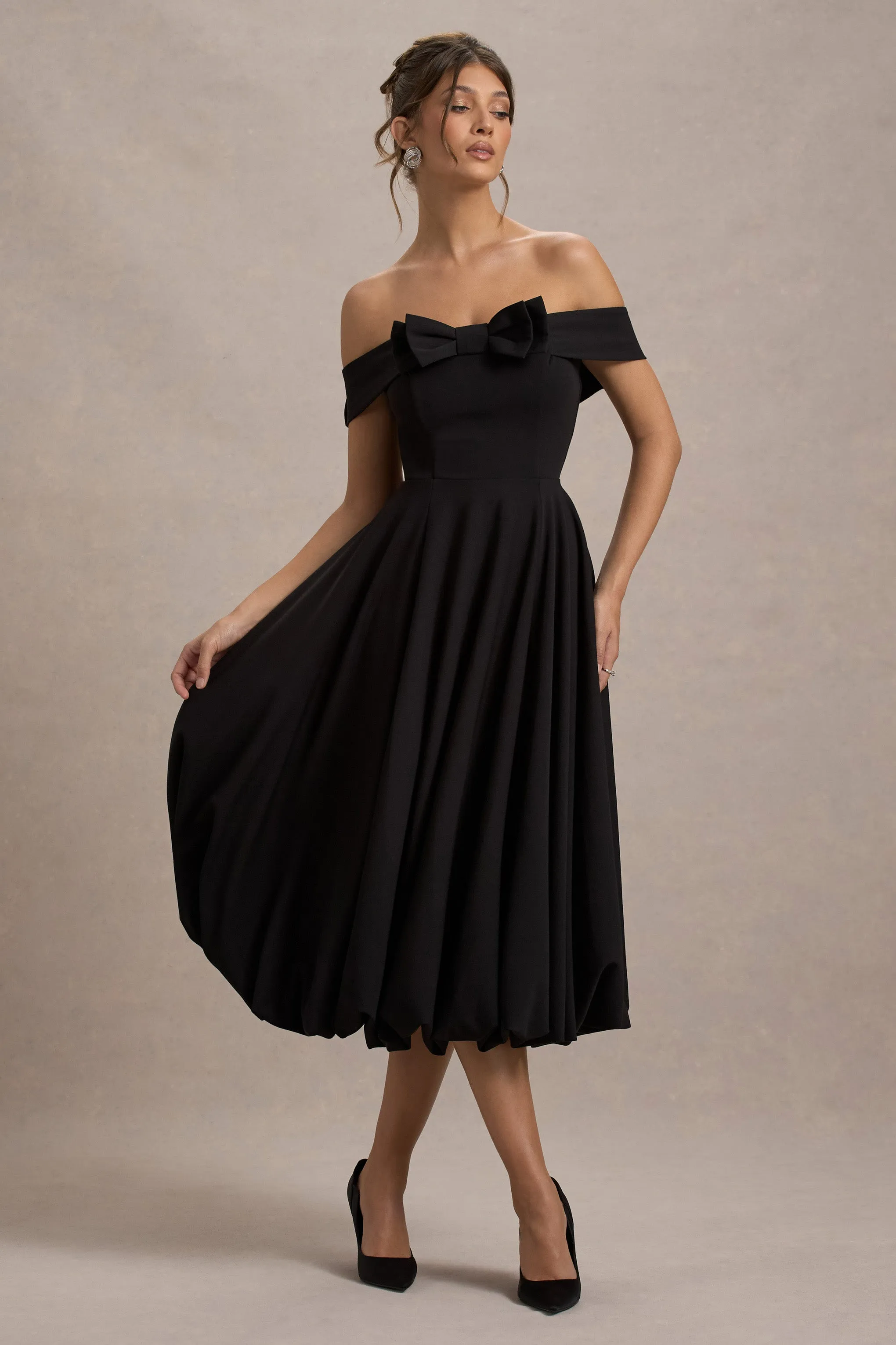 Calliopia | Black Bow Bardot Midi Dress With Puff-Ball Skirt Club L London