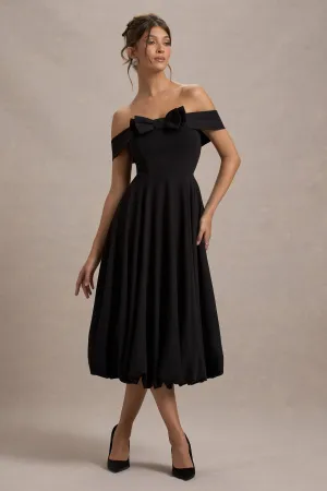 Calliopia | Black Bow Bardot Midi Dress With Puff-Ball Skirt Club L London