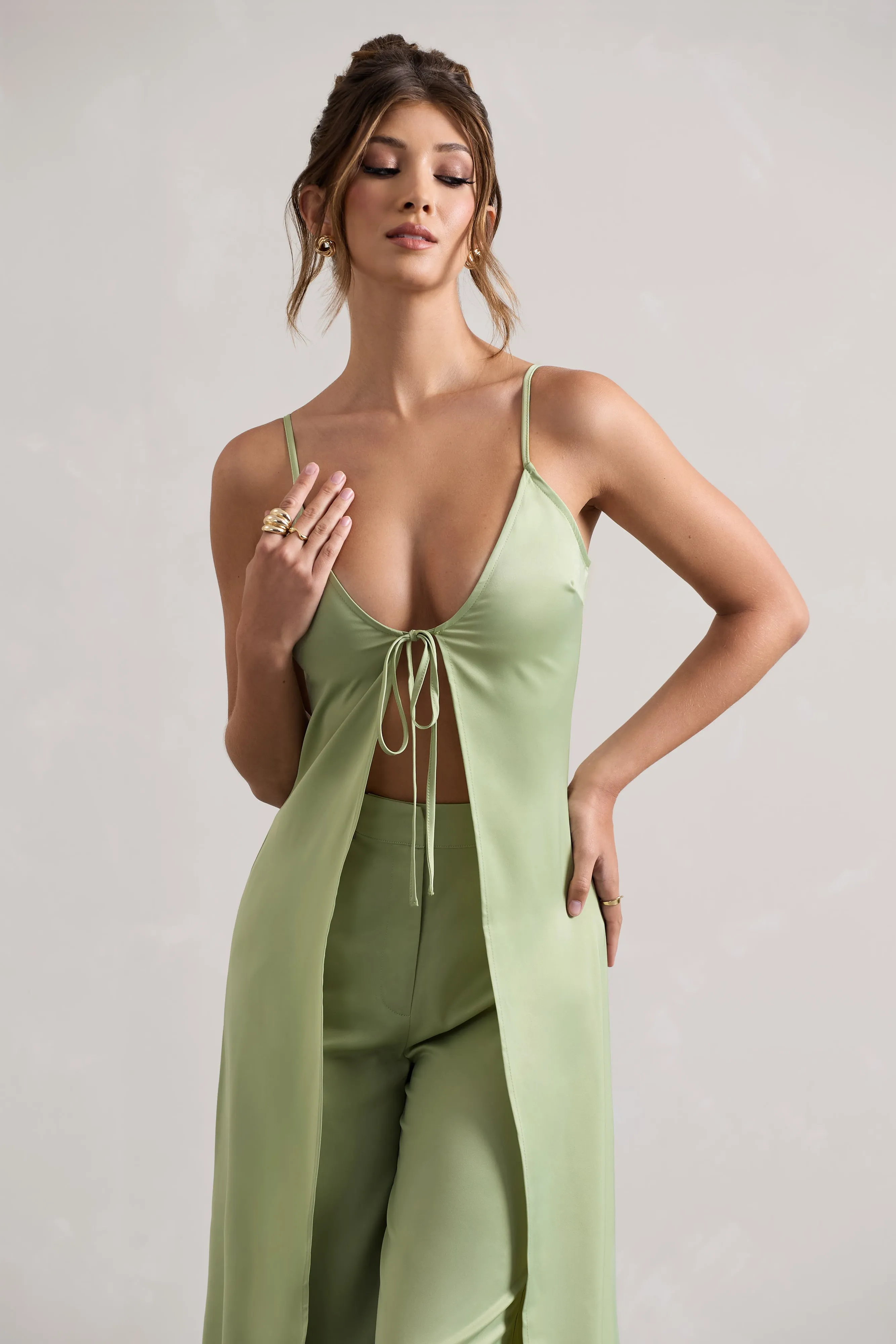 Calvi | Pale Green Satin Longline Cami Top With Split Front Club L London