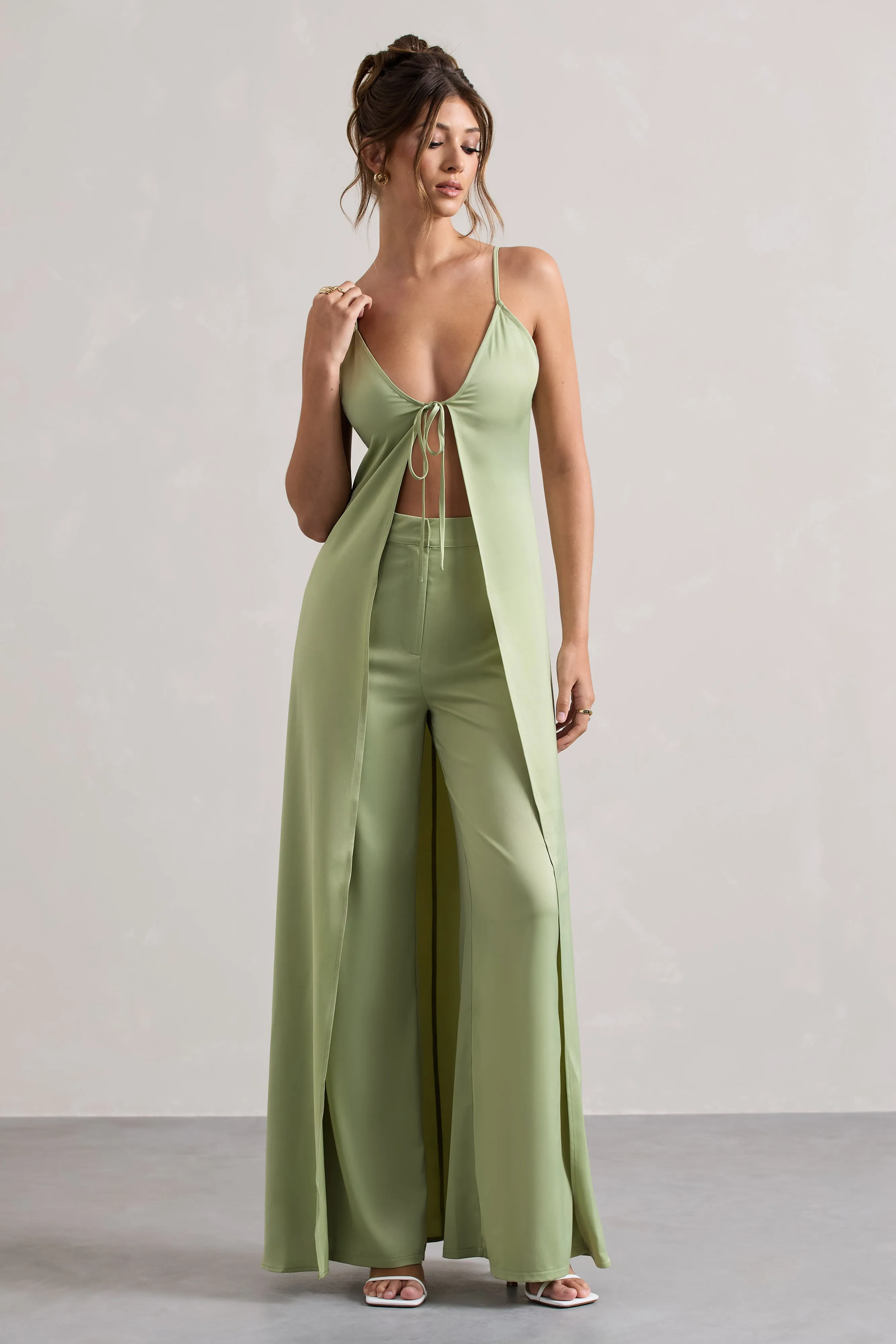 Calvi | Pale Green Satin Longline Cami Top With Split Front Club L London