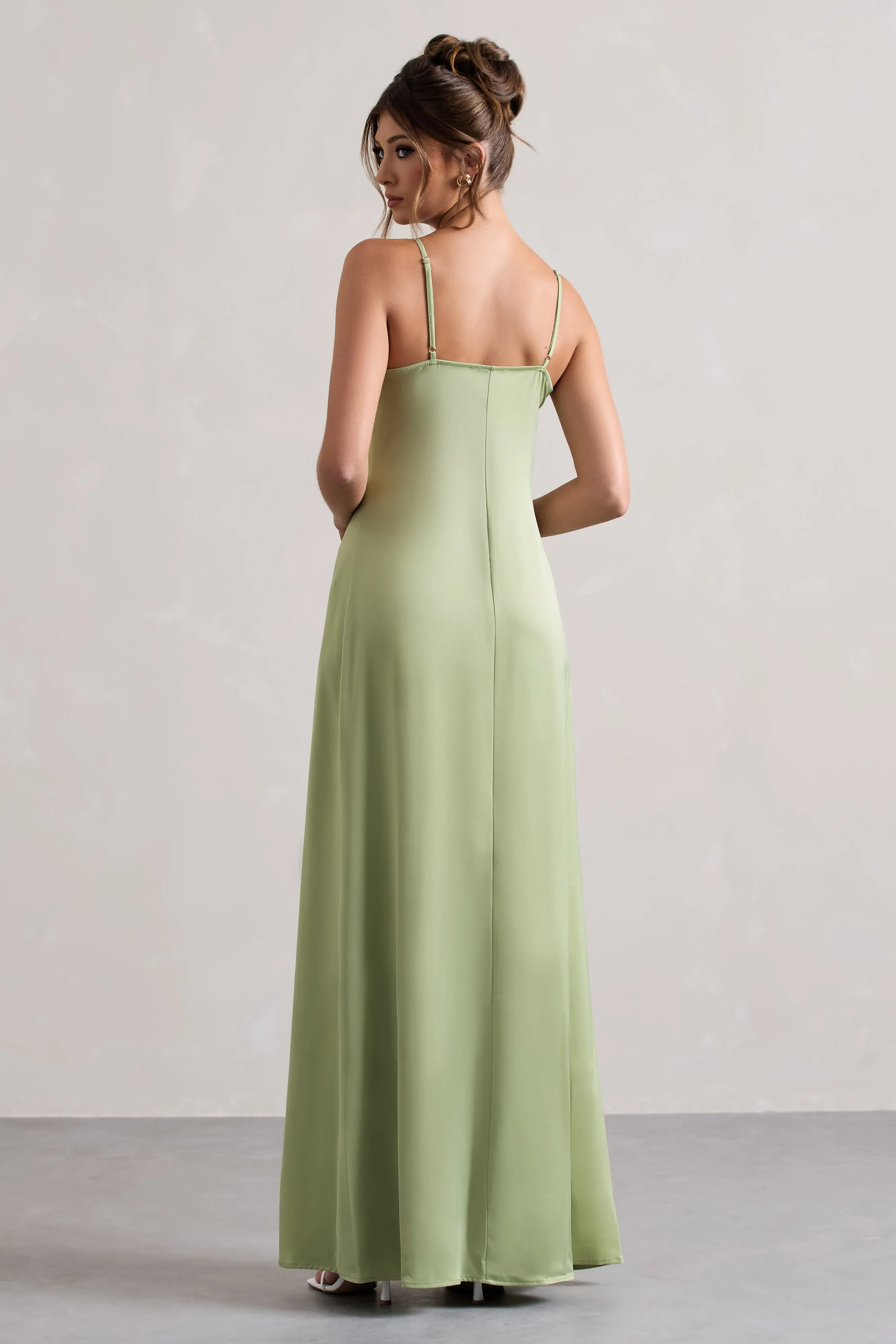 Calvi | Pale Green Satin Longline Cami Top With Split Front Club L London