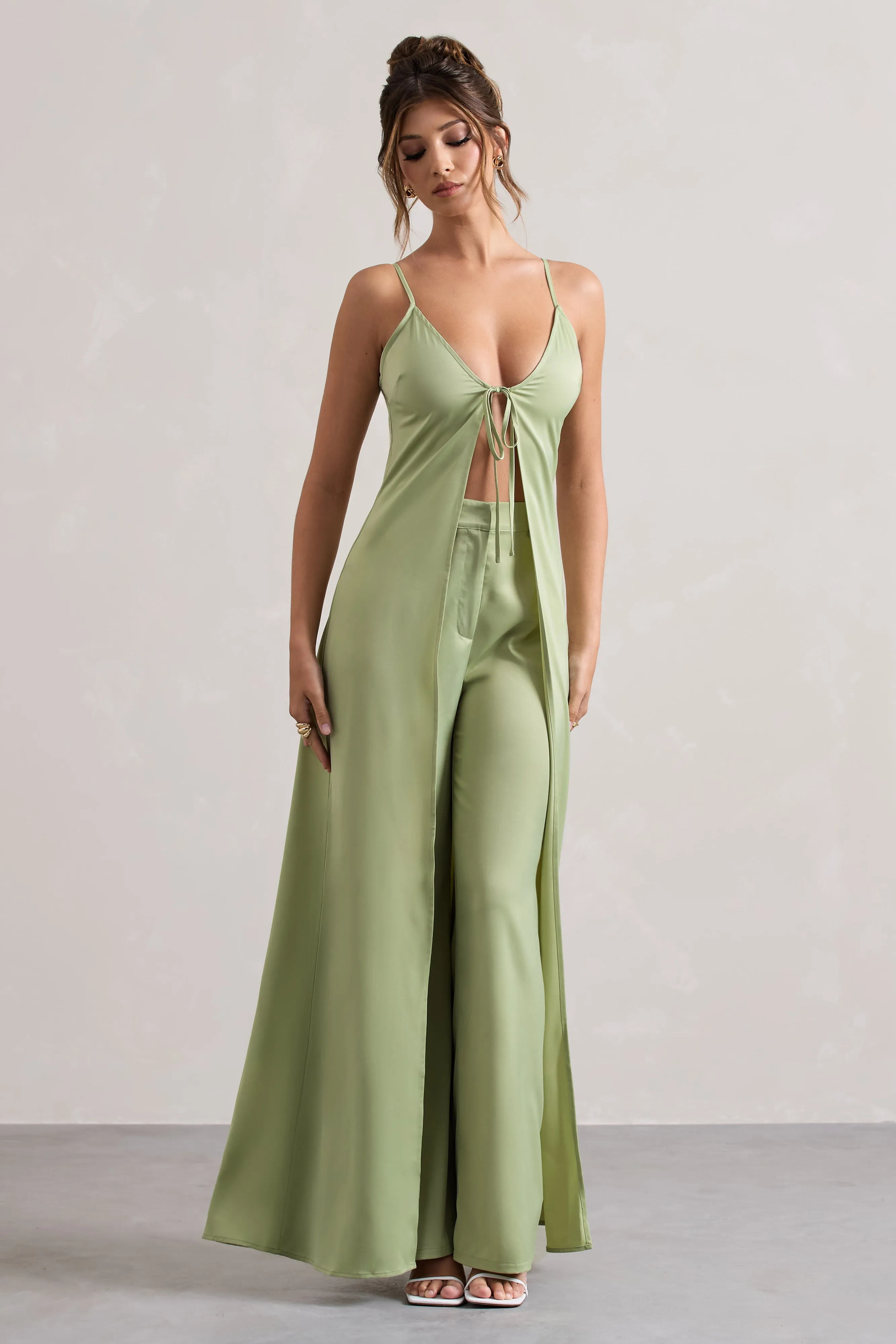 Calvi | Pale Green Satin Longline Cami Top With Split Front Club L London