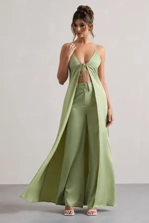 Calvi | Pale Green Satin Longline Cami Top With Split Front Club L London