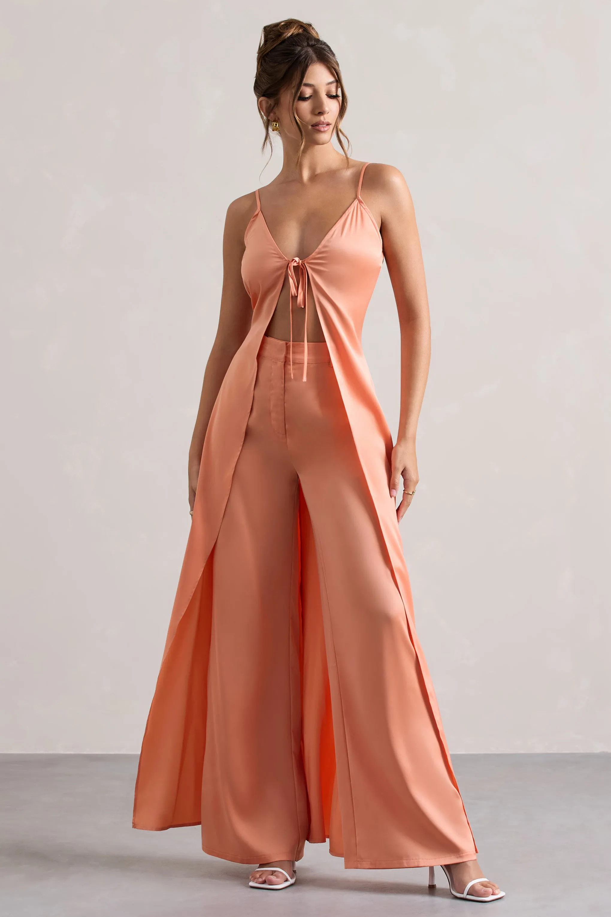 Calvi | Peach Satin Longline Cami Top With Split Front Club L London