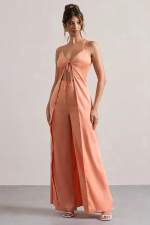 Calvi | Peach Satin Longline Cami Top With Split Front Club L London
