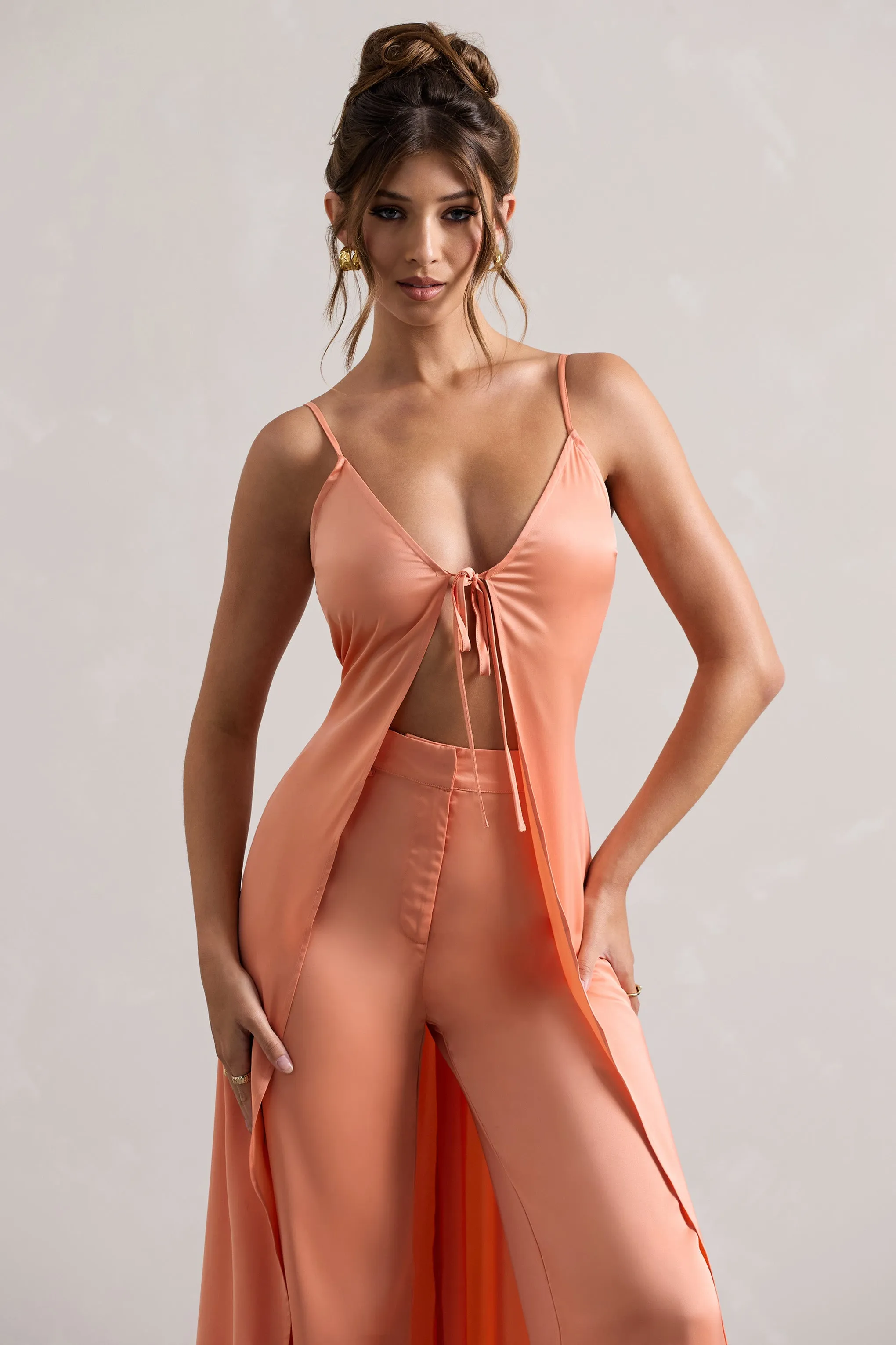 Calvi | Peach Satin Longline Cami Top With Split Front Club L London