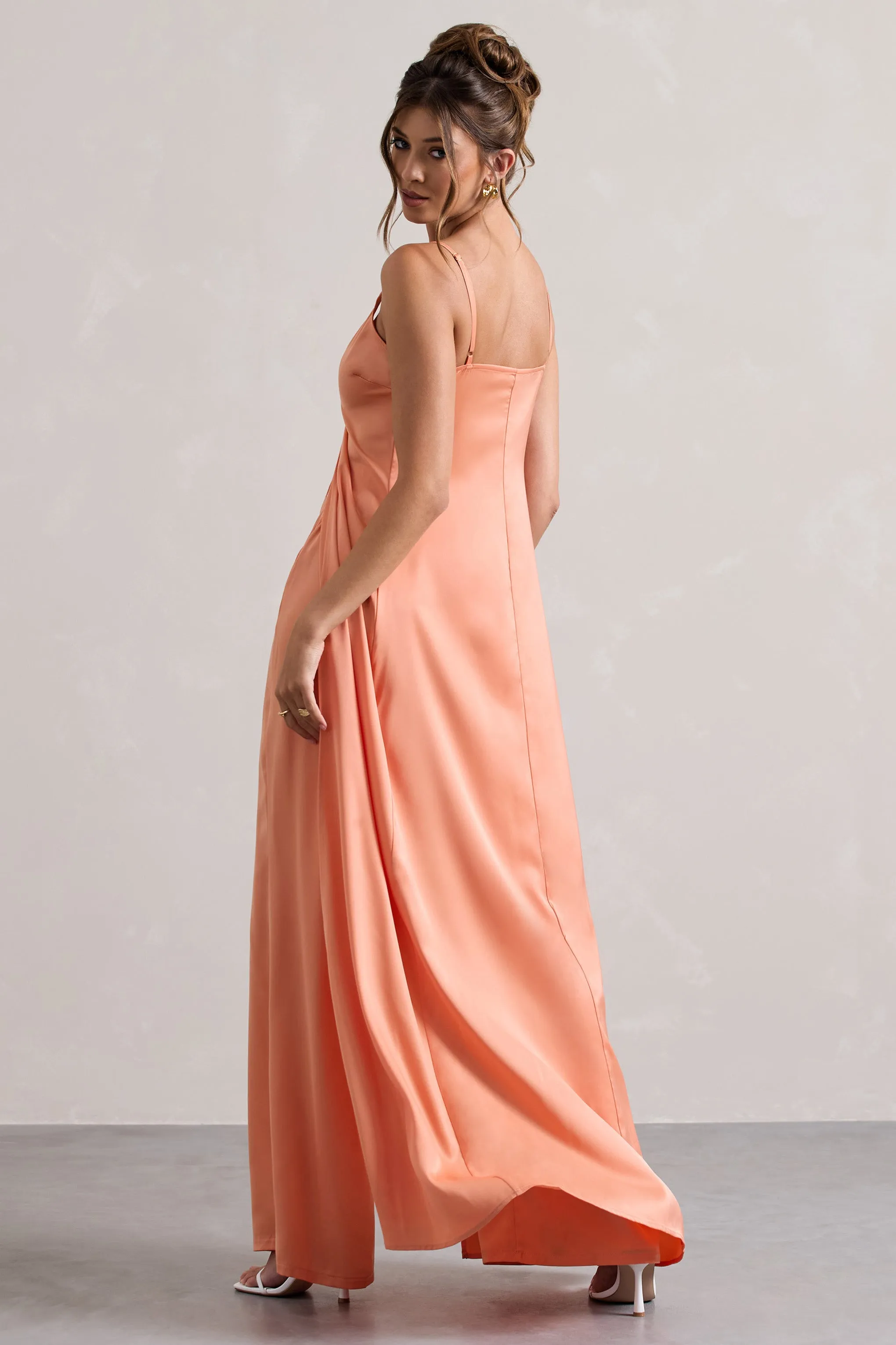Calvi | Peach Satin Longline Cami Top With Split Front Club L London
